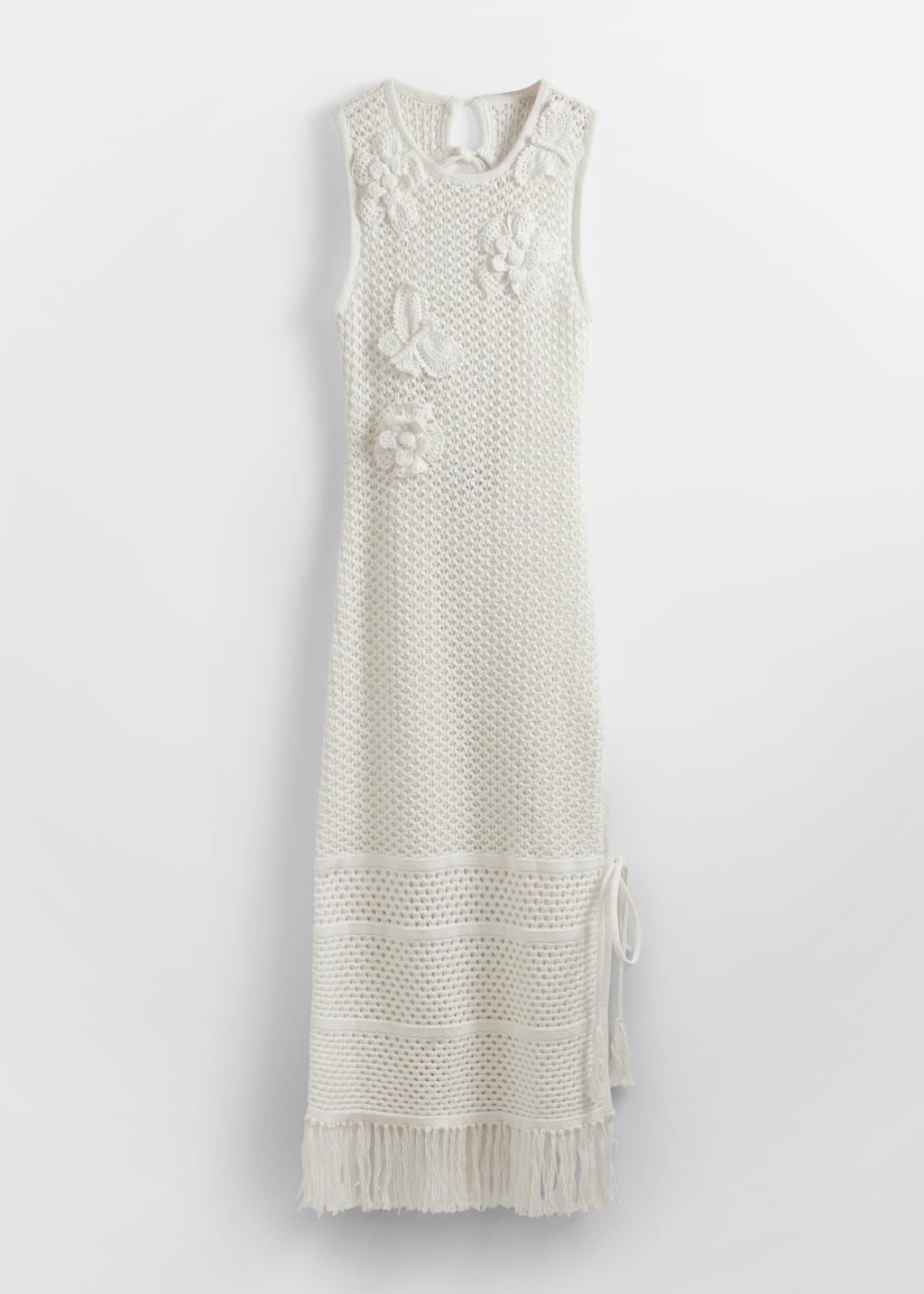 Vestido midi de ganchillo con flecos - Blanco - Bodegón