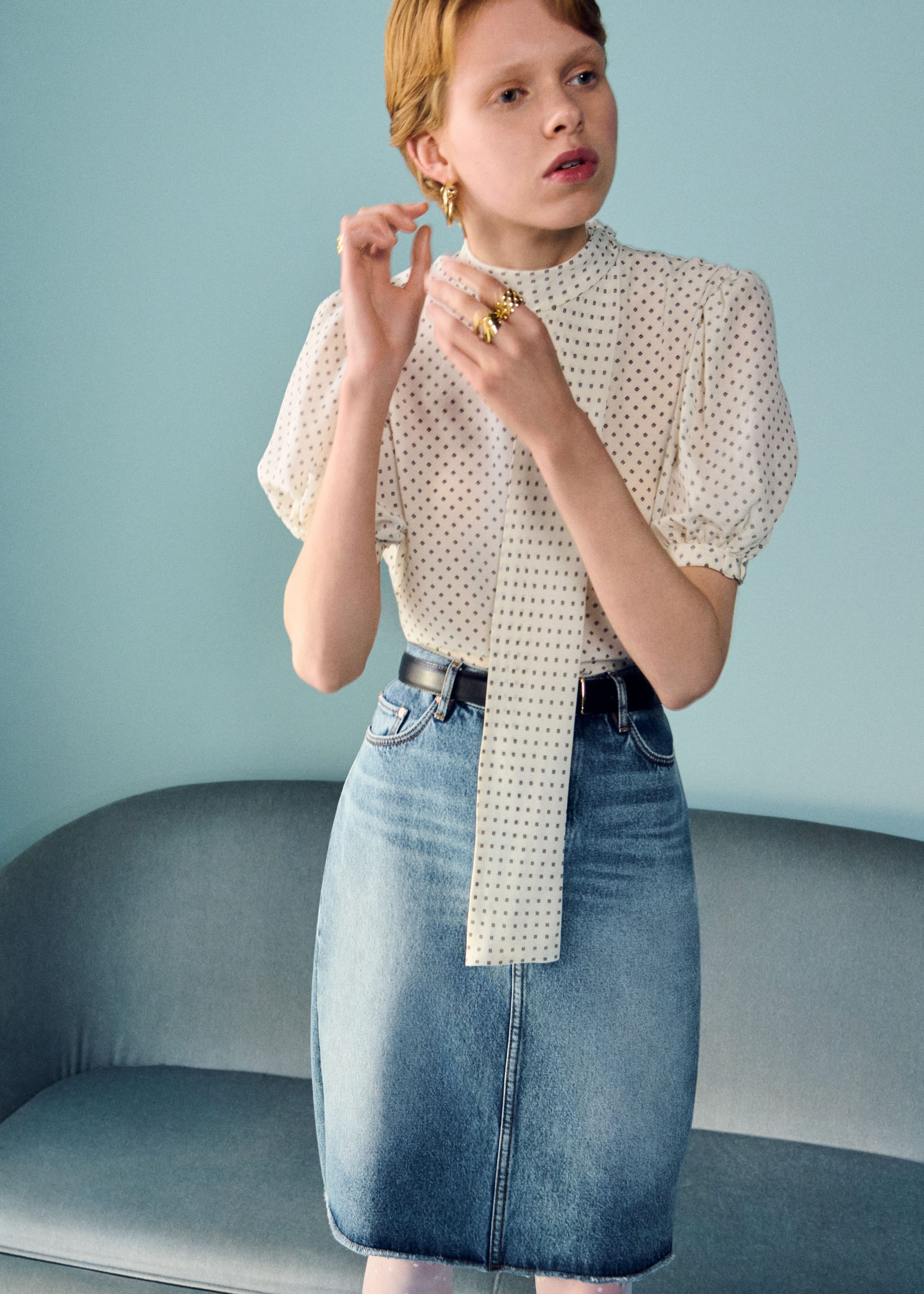 Image of Printed Tie-Neck Silk Blouse