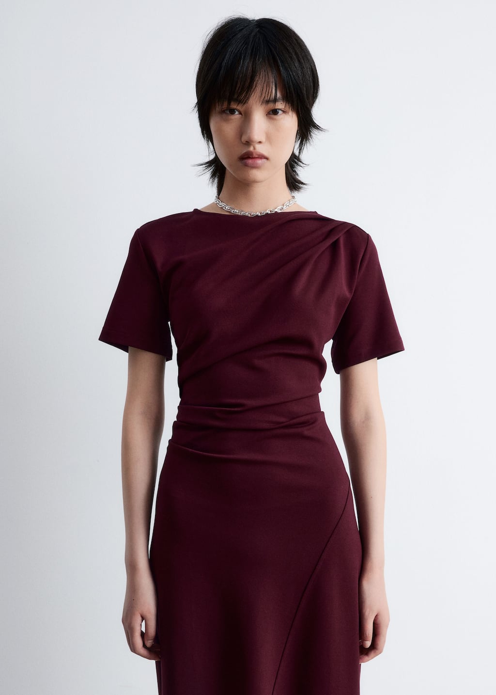 Image of Draped Short-Sleeve Midi Dress
