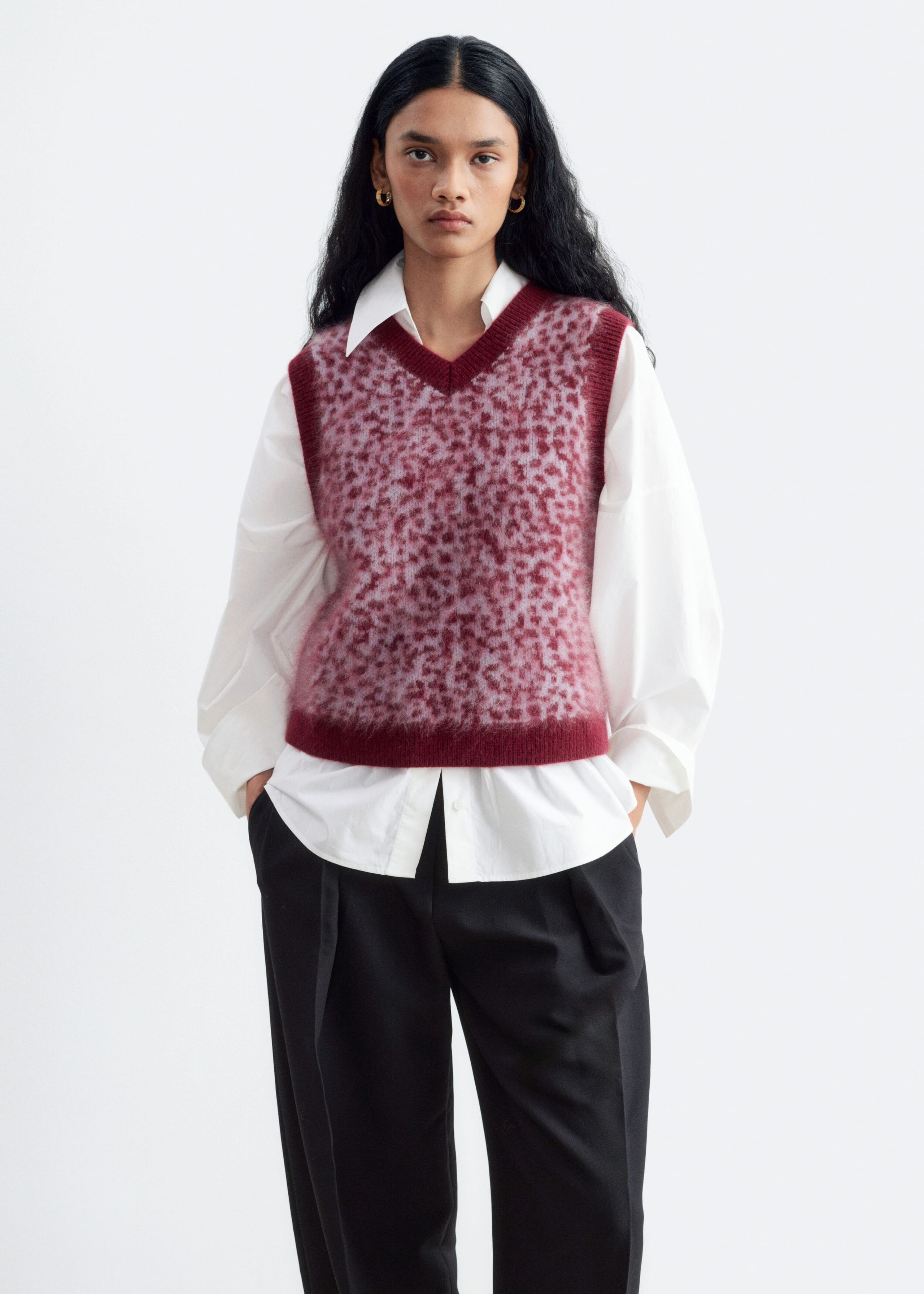Brushed Wool Jacquard Vest - Khaki Green/Leopard Print - Lookbook