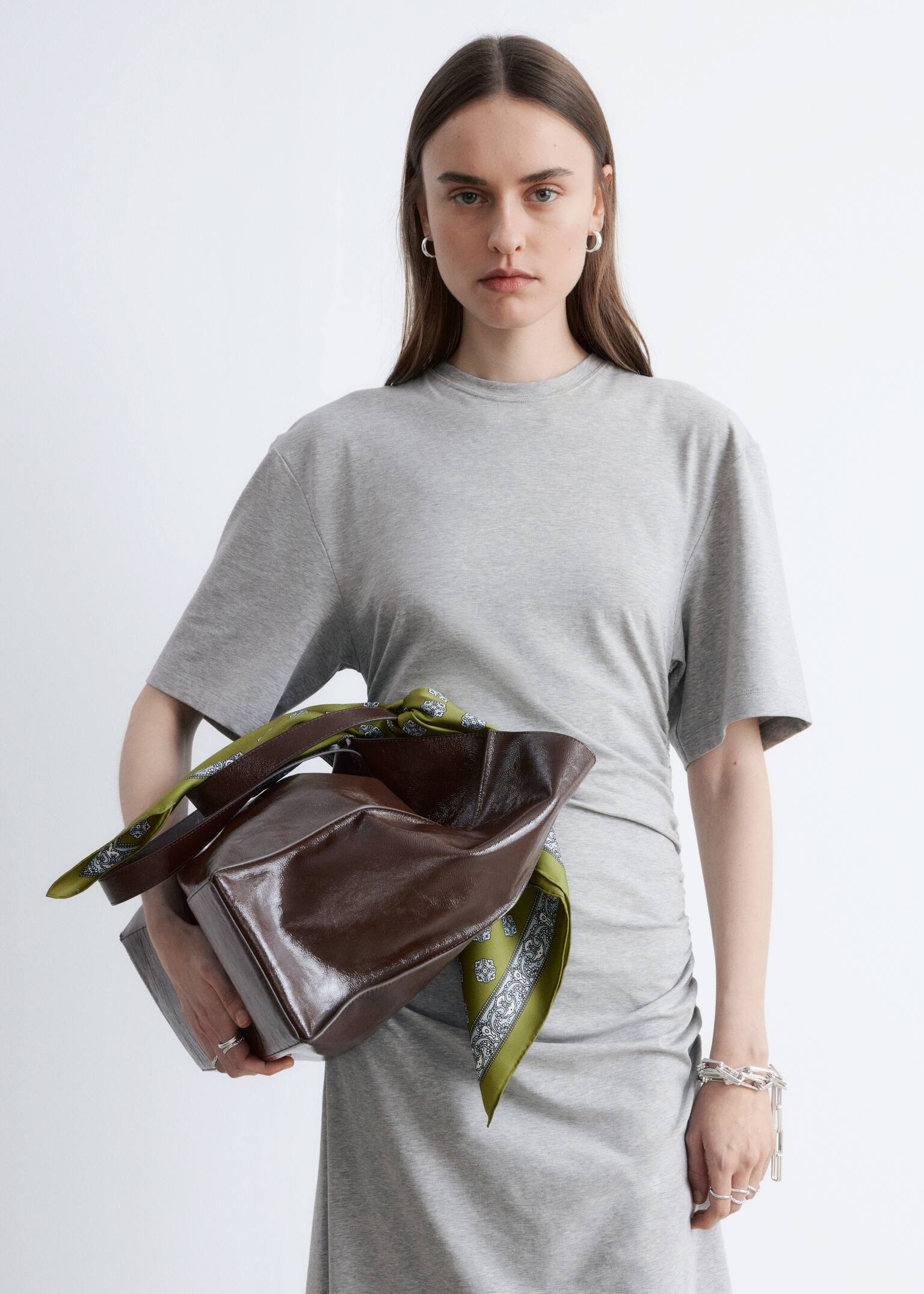 Asymmetric Midi T-Shirt Dress - Light Grey/Dark Brown - 3