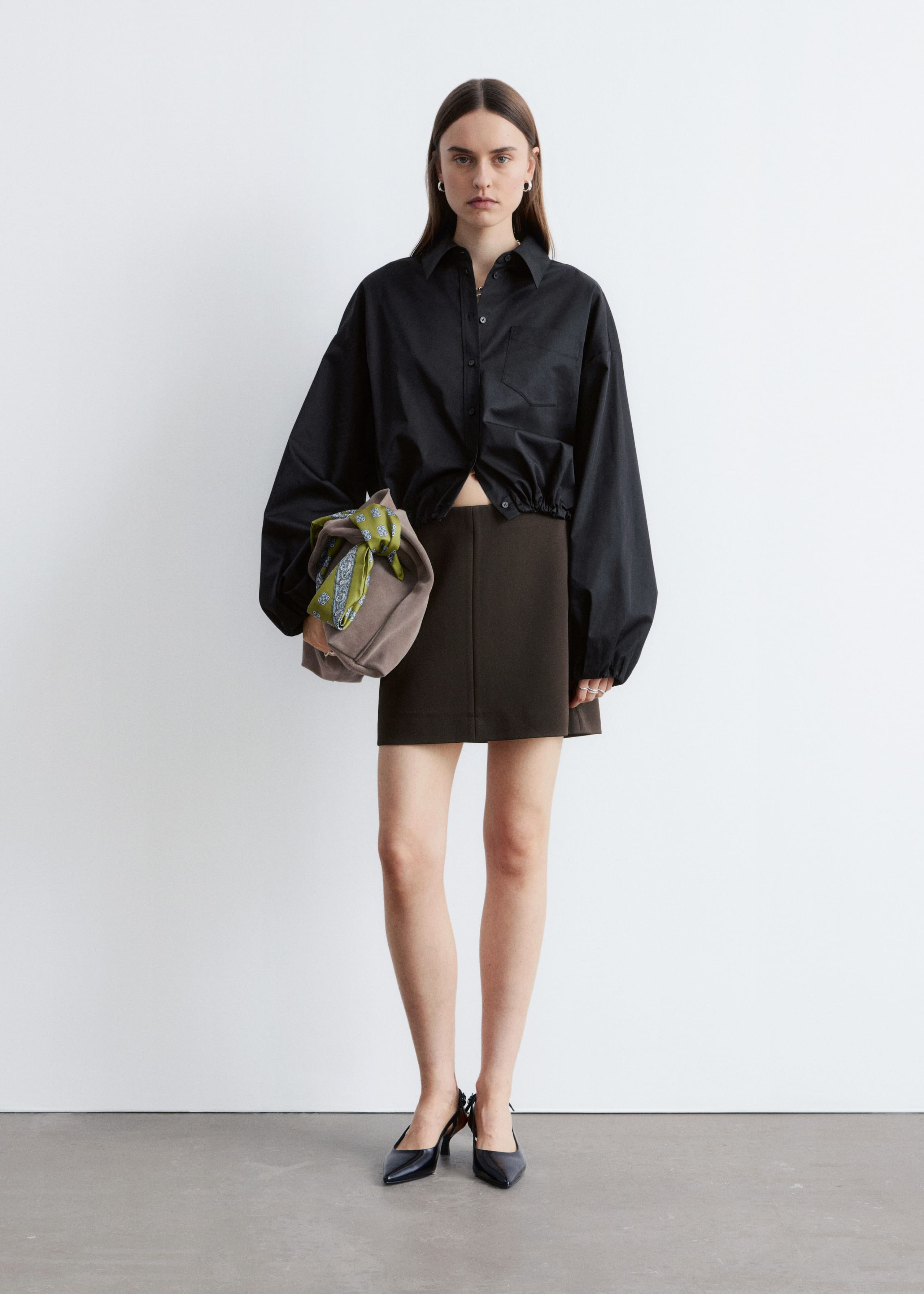 Cropped Drawstring Shirt - Black - Lookbook