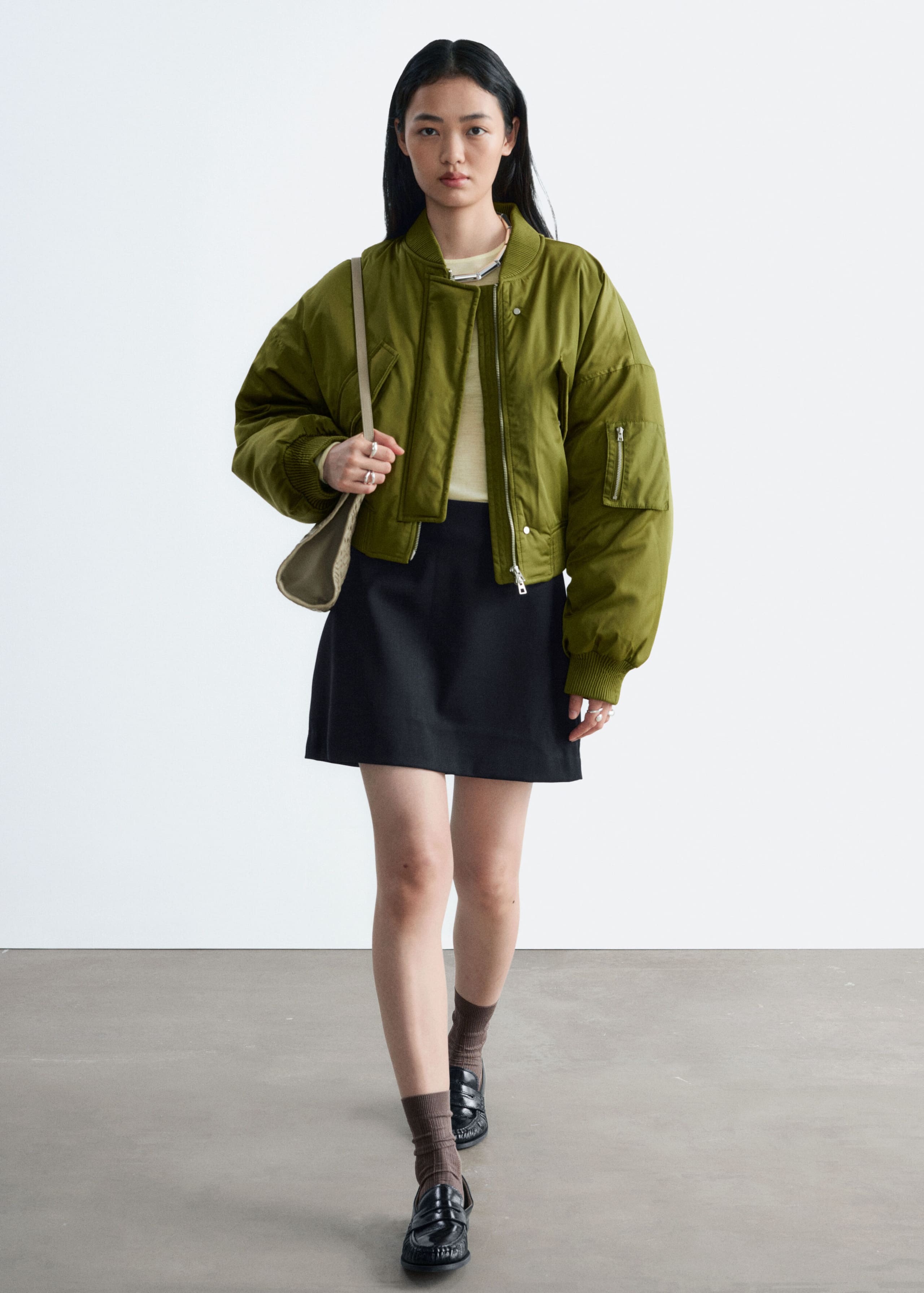 Cropped Bomber Jacket - Green - Lookbook