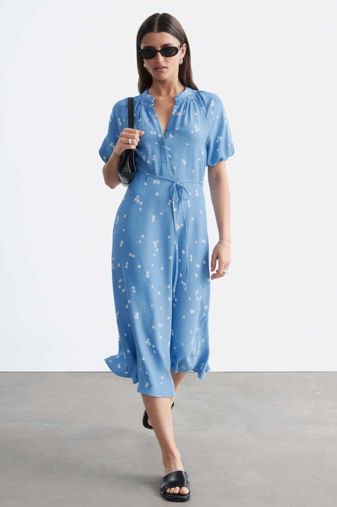 Tie-Waist Midi Dress - Blue/Floral - 1