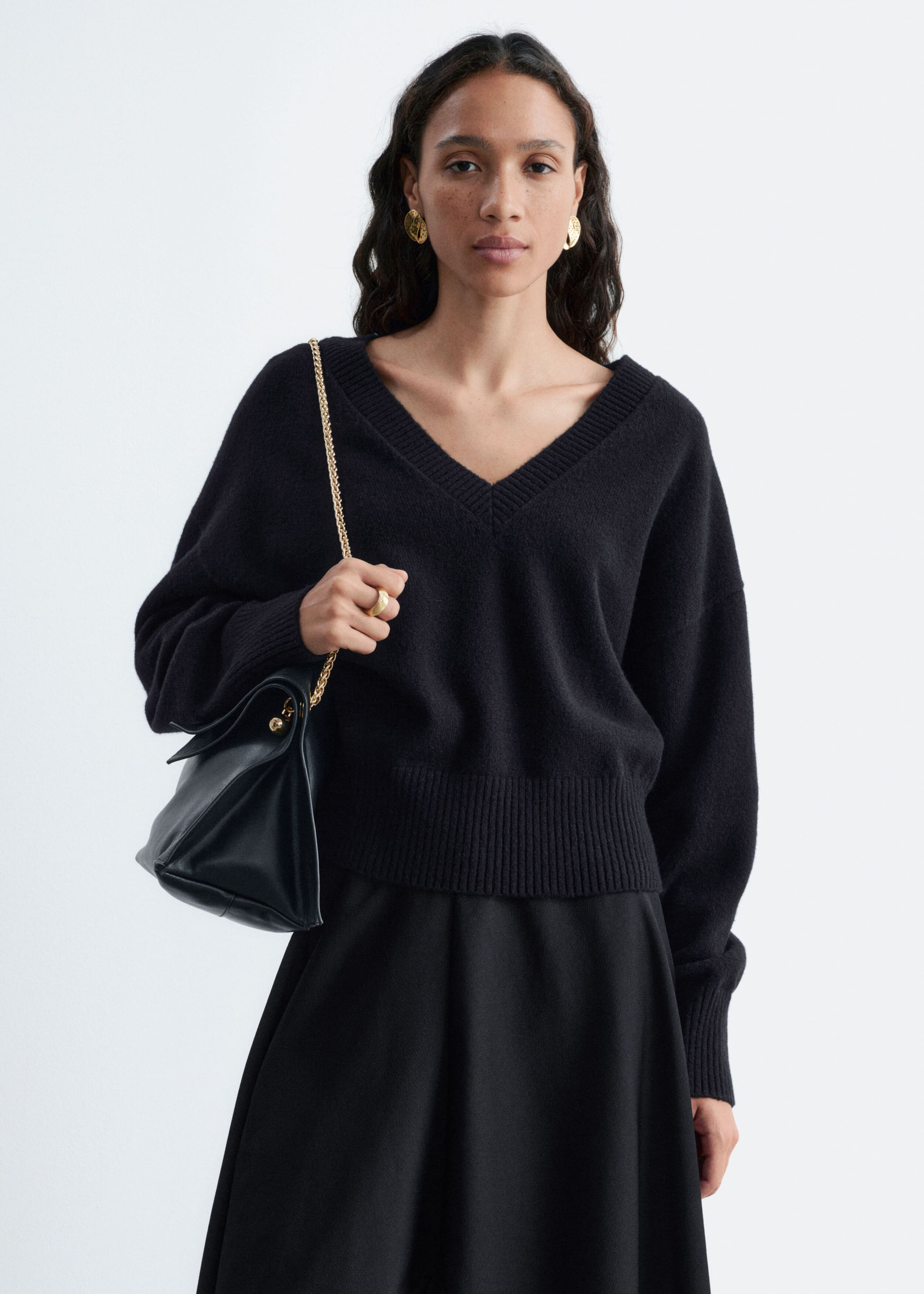 Wool-Cotton V-Neck Jumper - Black - Still Life