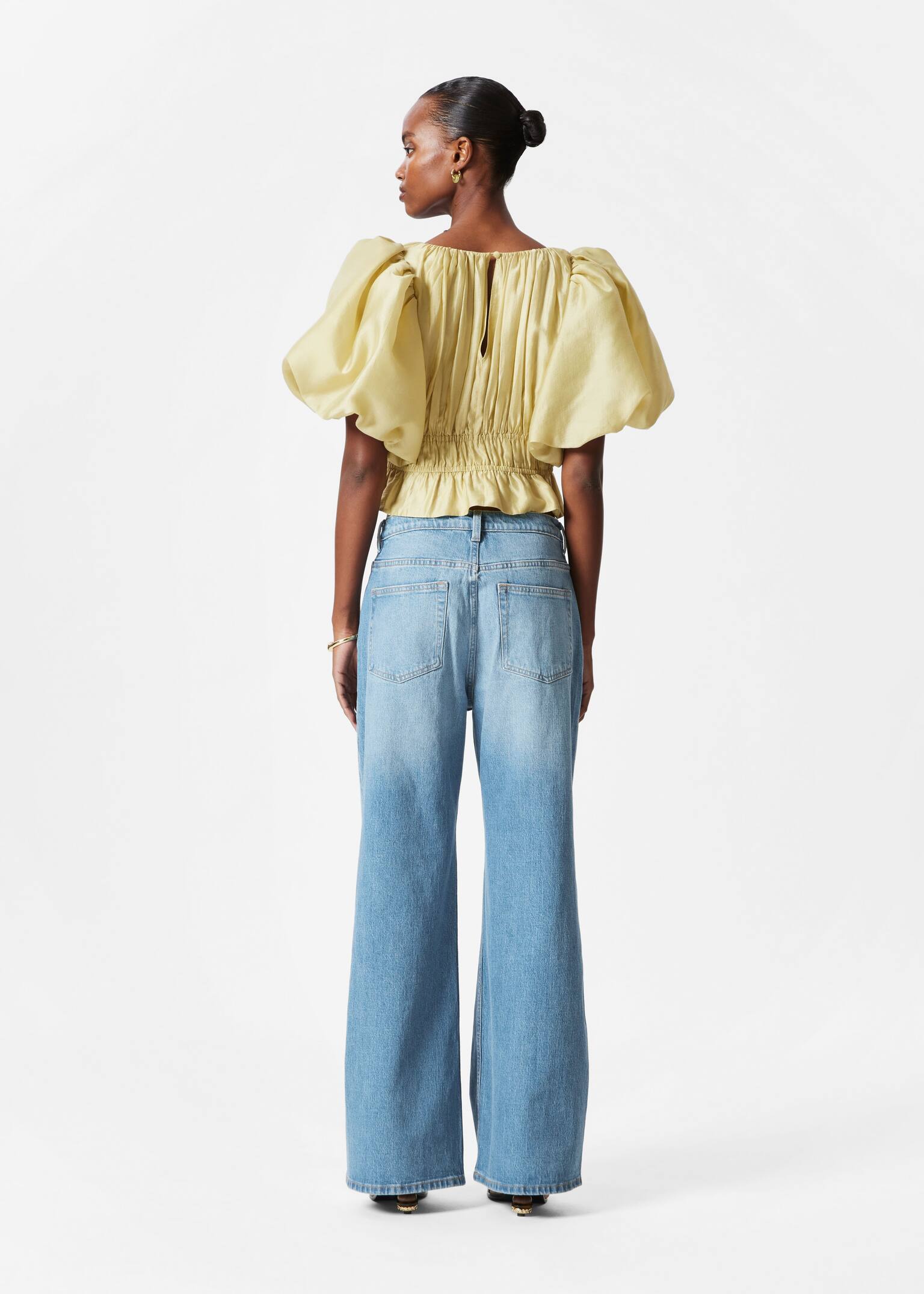Ruched Balloon-Sleeve Blouse - Yellow - 4