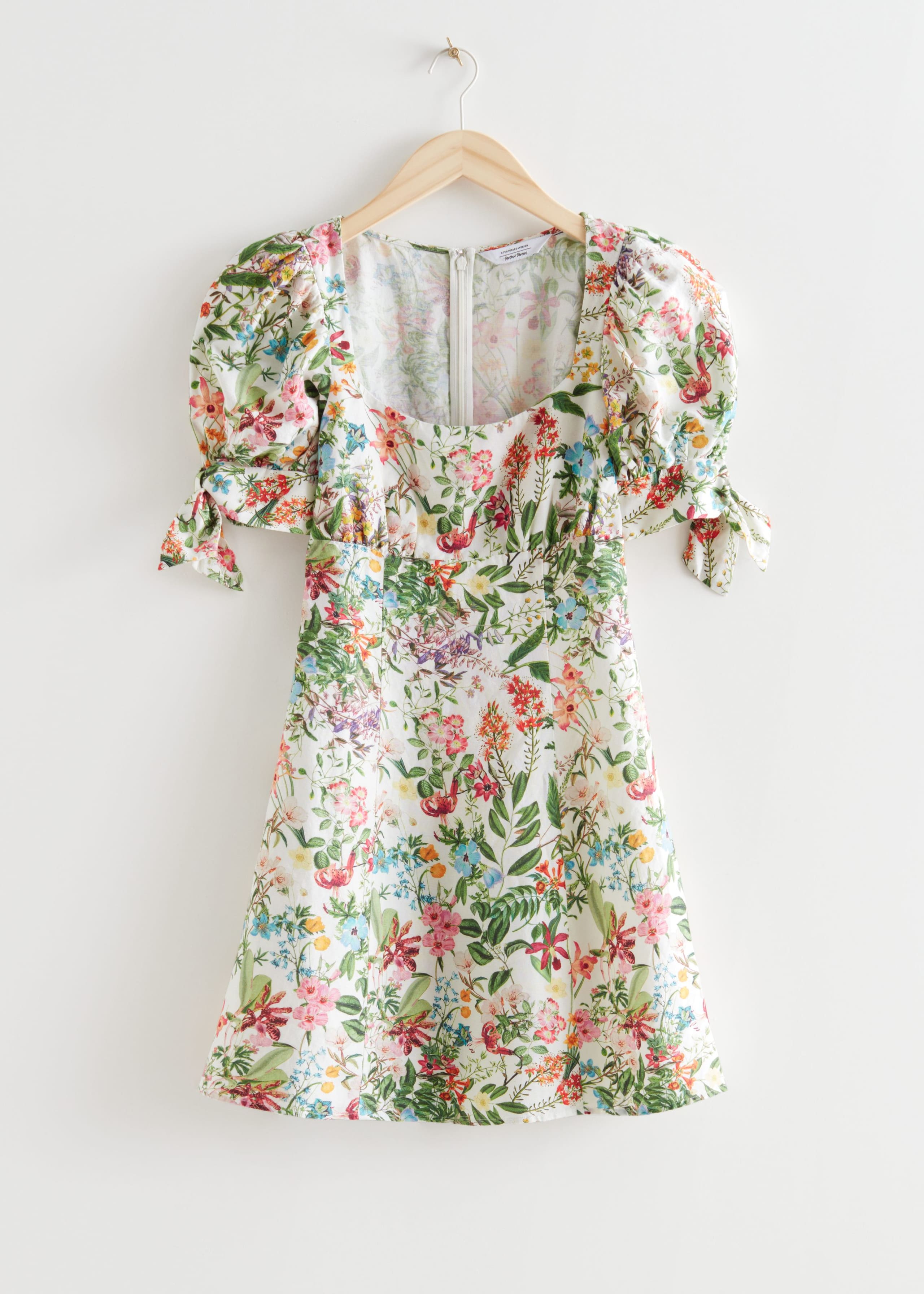 Printed Square Neck Mini Dress - Green/White Florals - Still Life