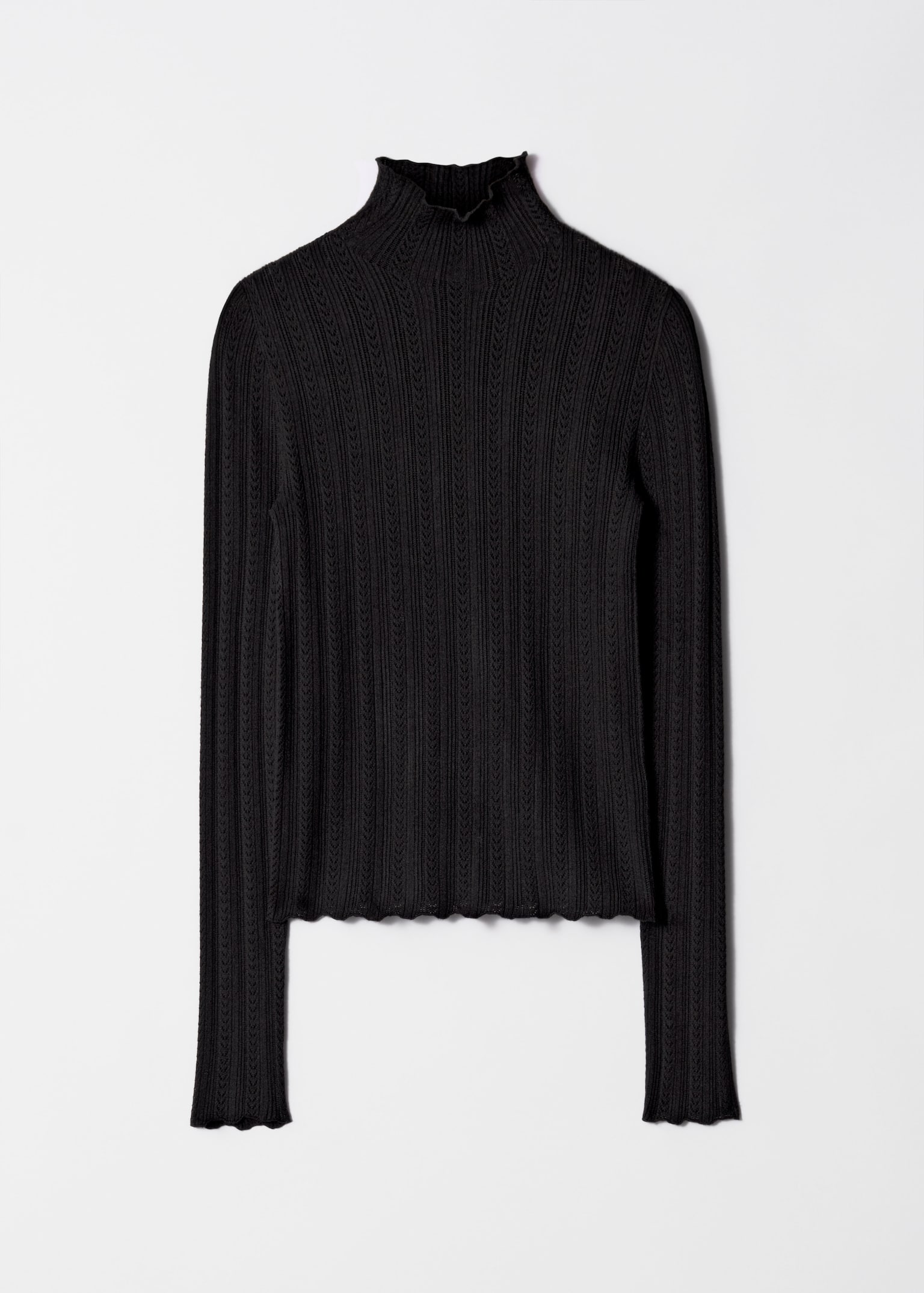 Pointelle-Knit Turtleneck Top - Black