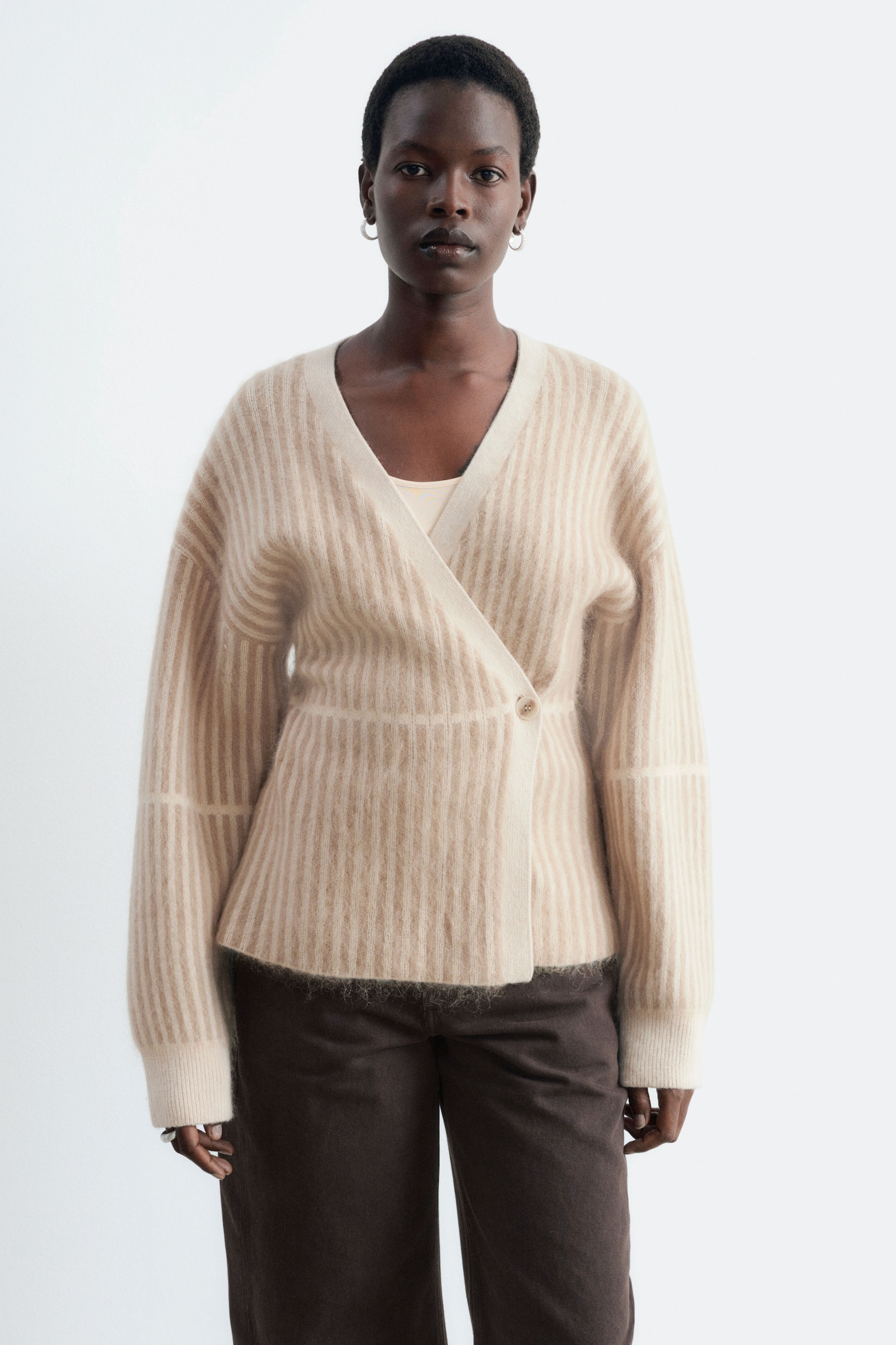 Mohair-Blend Wrap Cardigan - Beige/Grey/Brown Stripes - 1