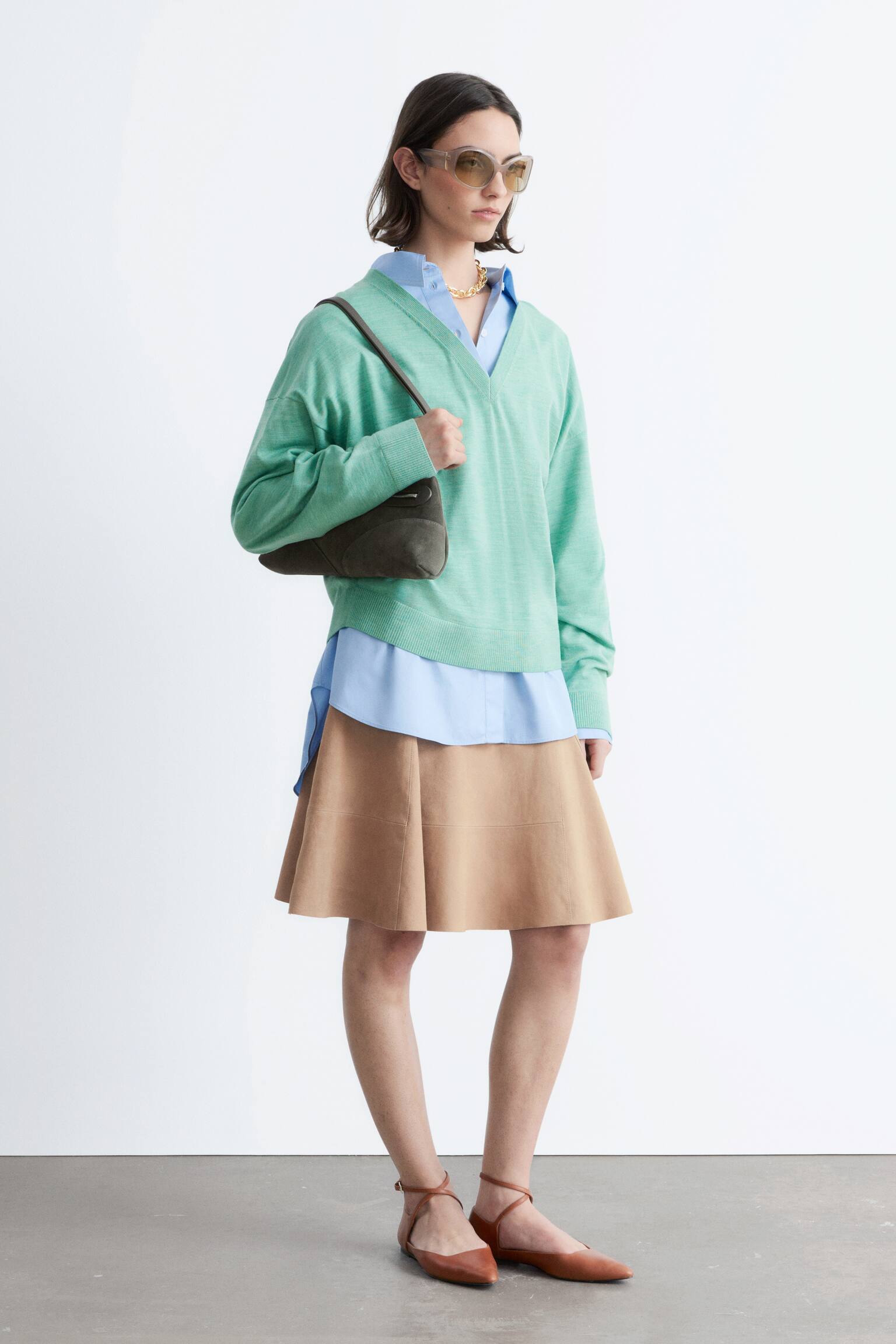 Camisola de lã merino com decote em V - Mescla turquesa claro/Verde caqui/Azul escuro - 4