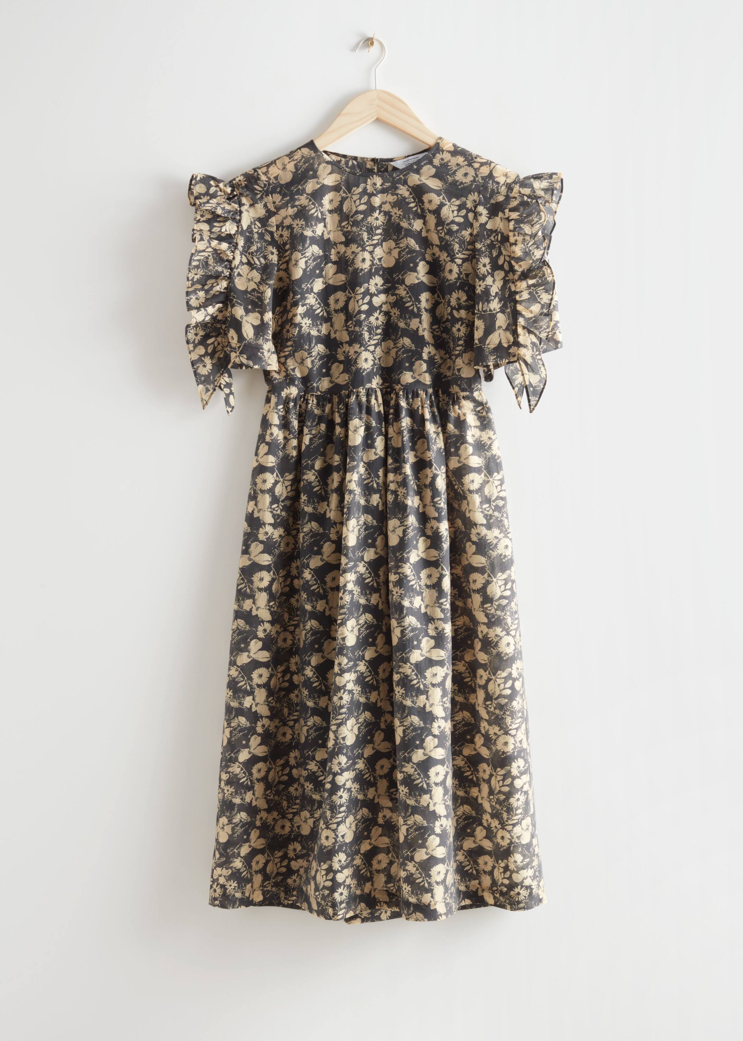 Frill Sleeve Midi Dress - Black Florals - Bodegón