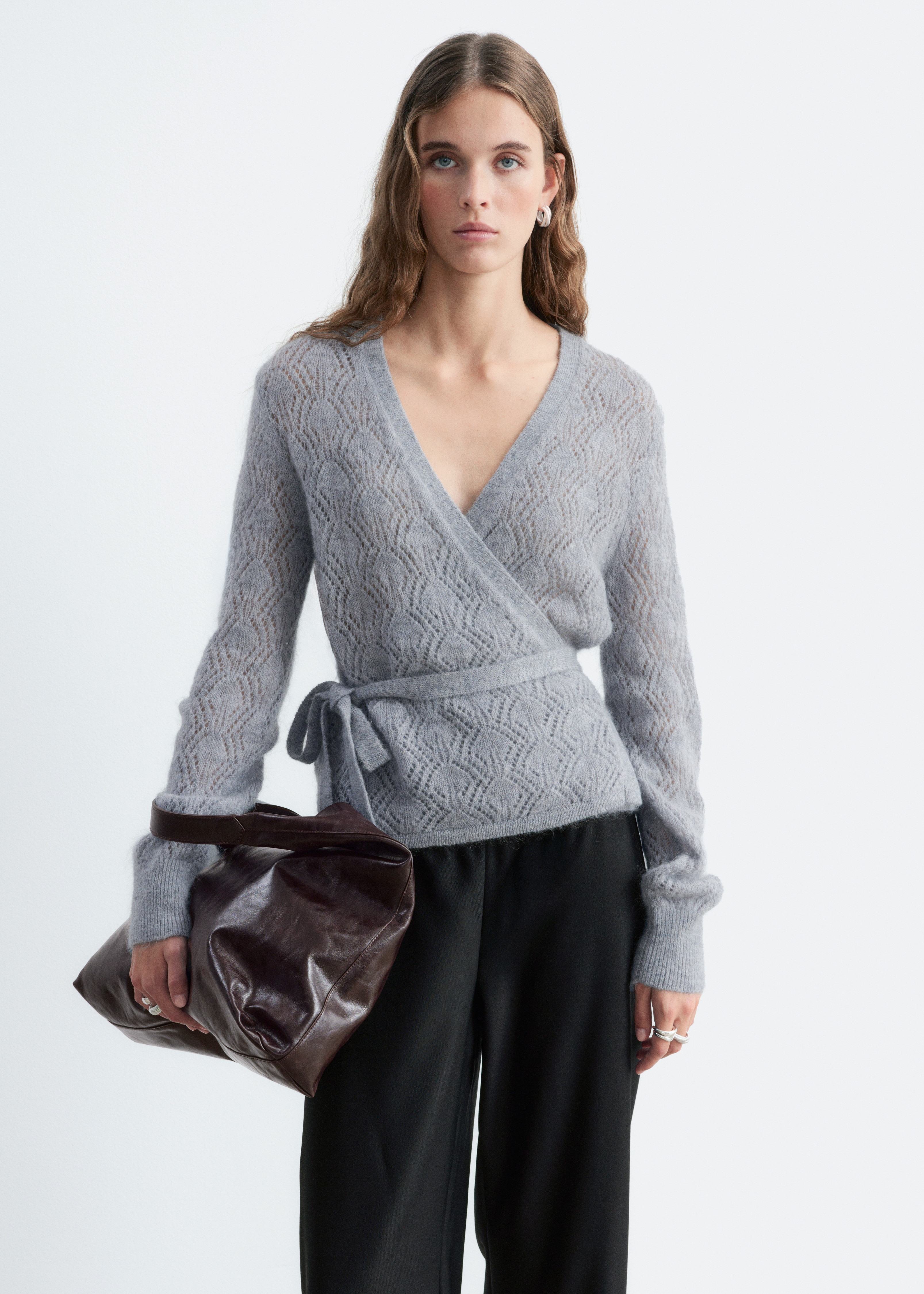 Cardigan in misto mohair con lavorazione pointelle - Grigio/Rosa