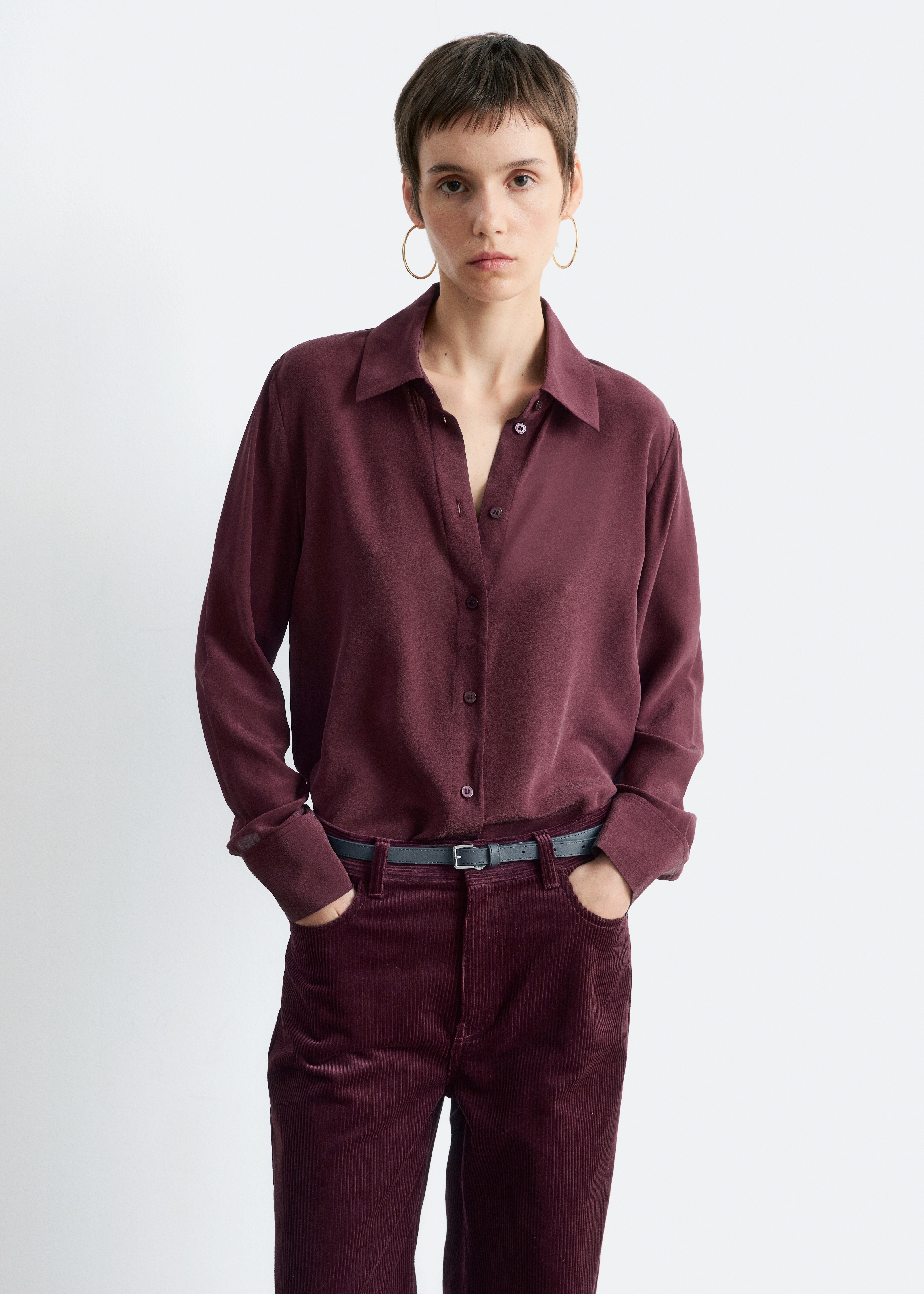 Sidenskjorta - Mörkröd/Khakibrun