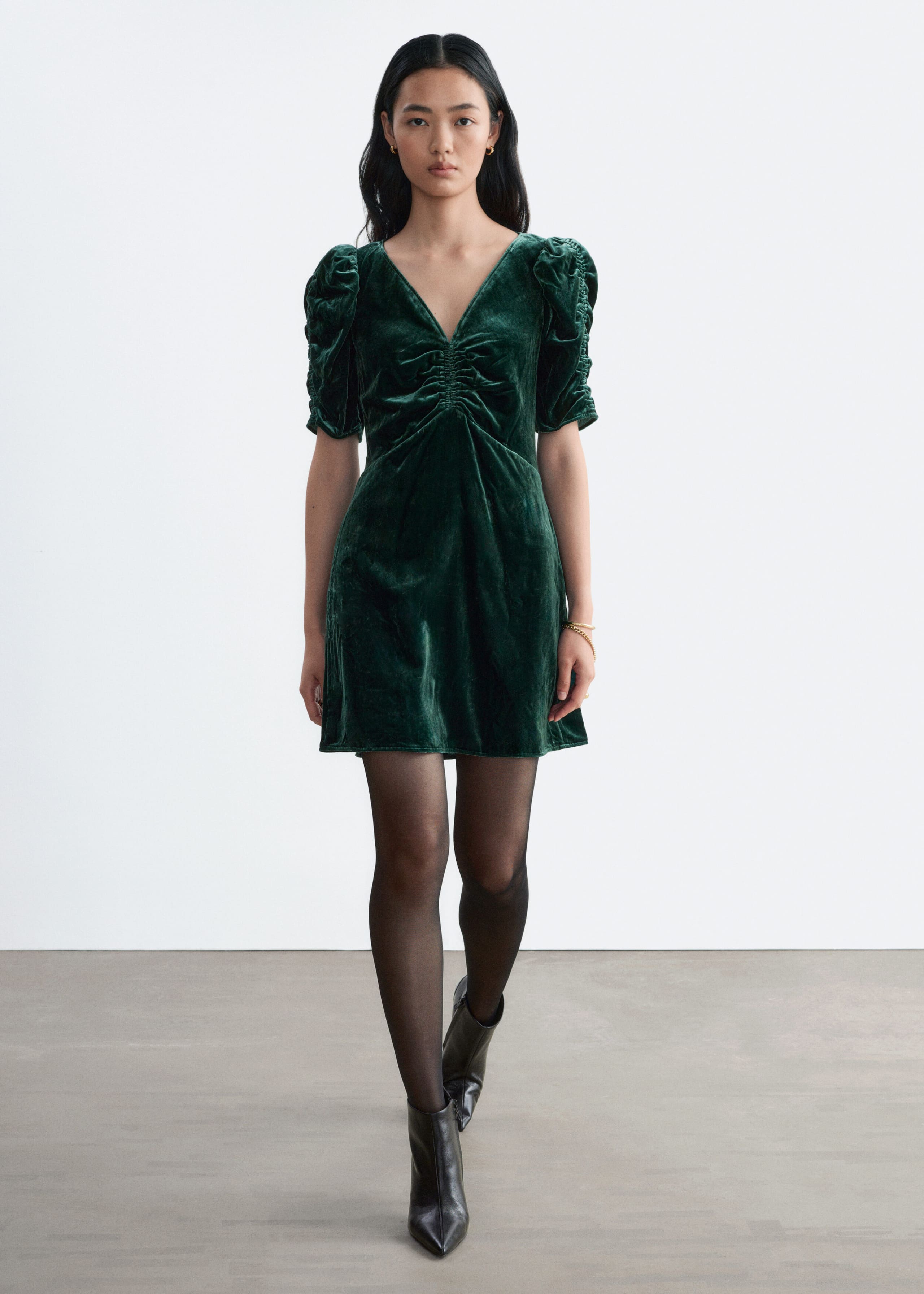 Ruched Velvet Dress - Dark Green - Lookbook