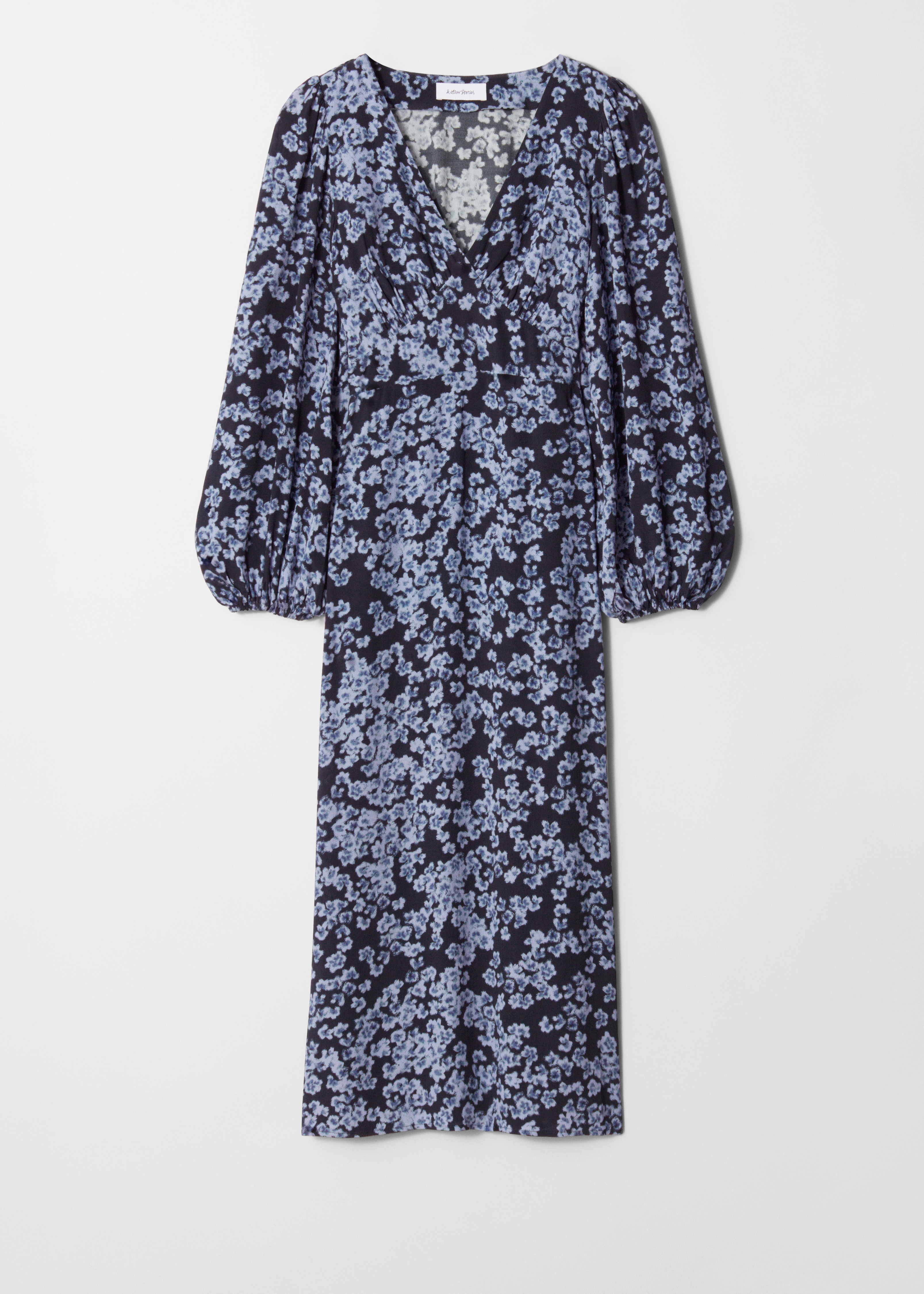 Robe midi à col en V - Motif fleuri bleu/Rose clair