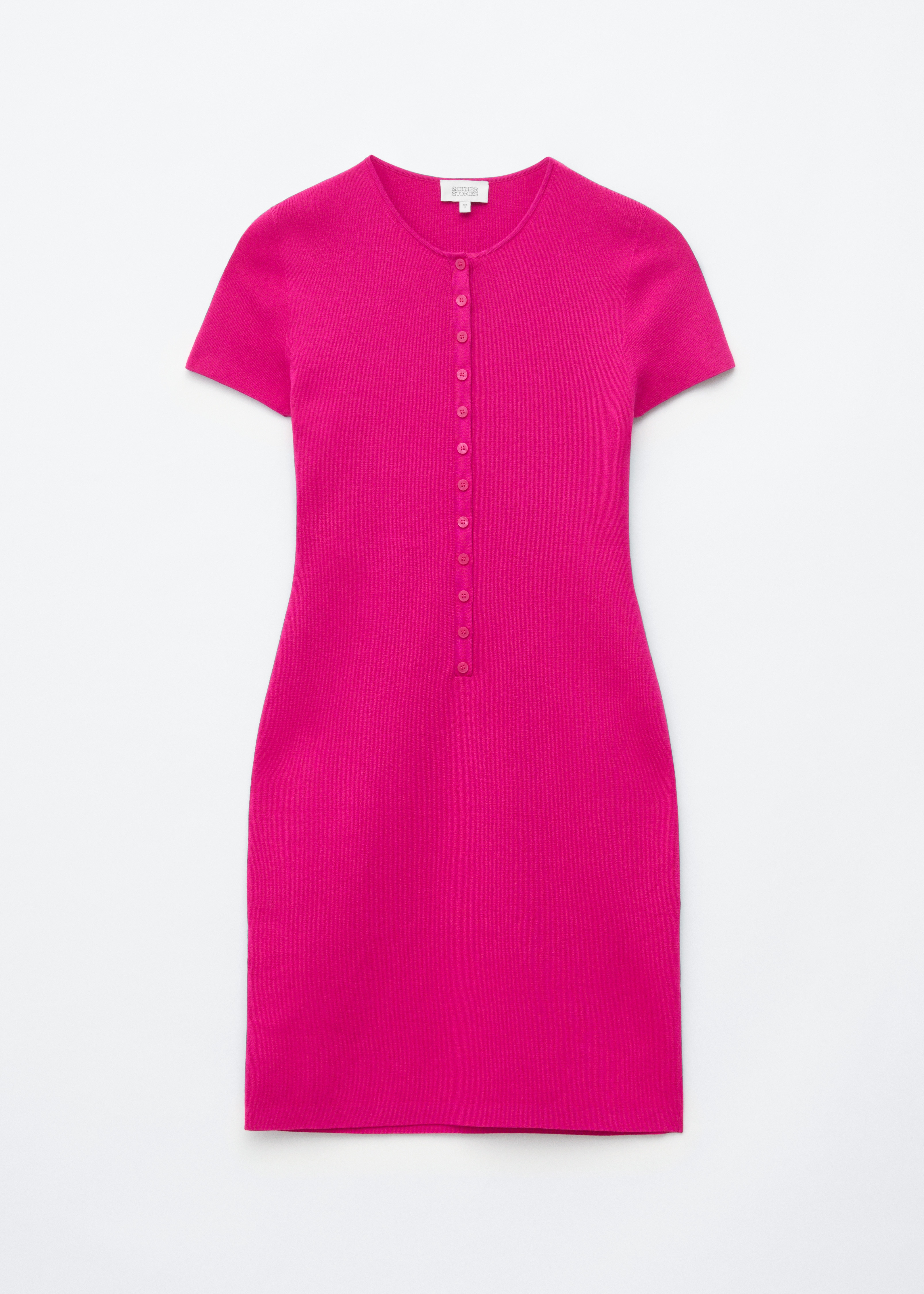 Button Placket Knit Dress - Bright Pink/Black