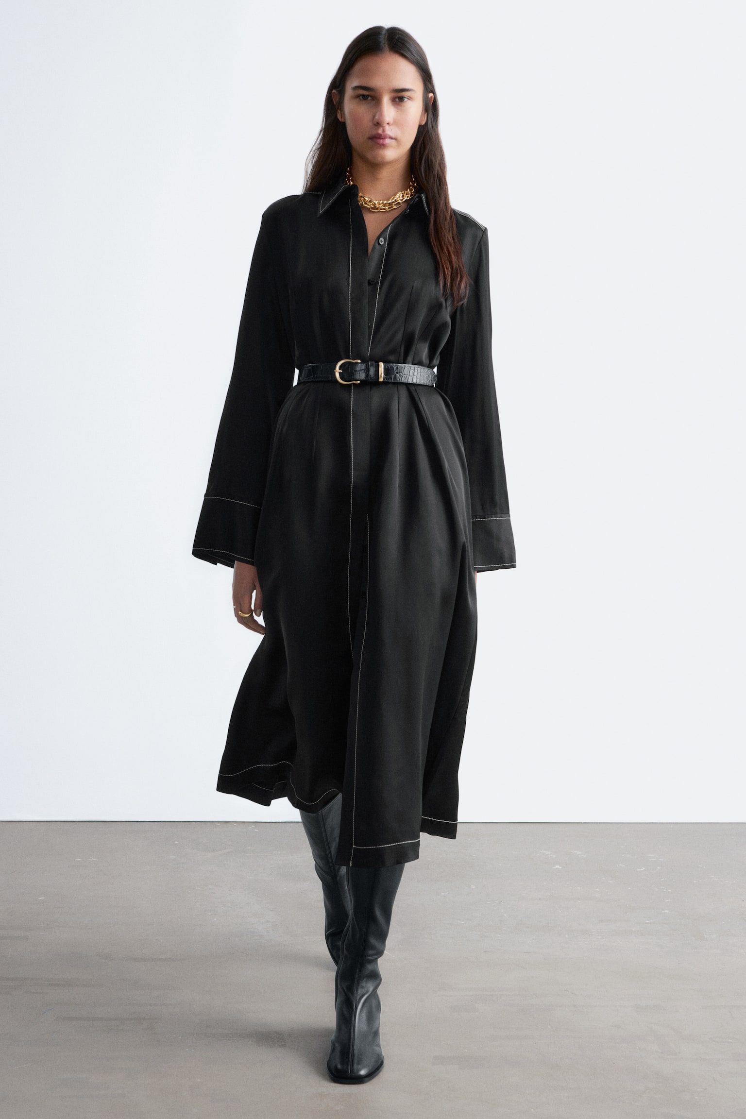 Midi-Hemdblusenkleid - Schwarz - 8