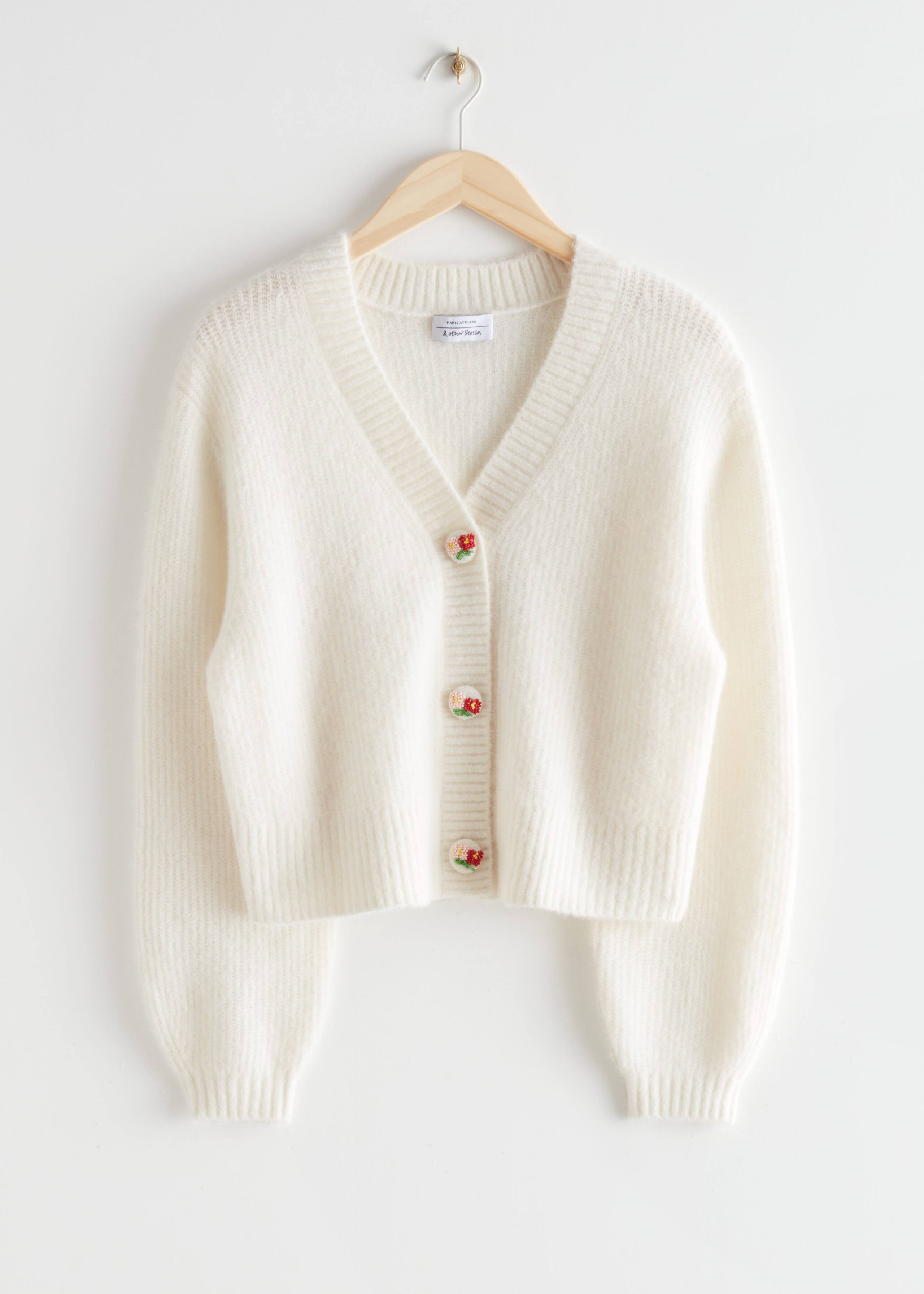 Floral Button Knit Cardigan - White - Bodegón