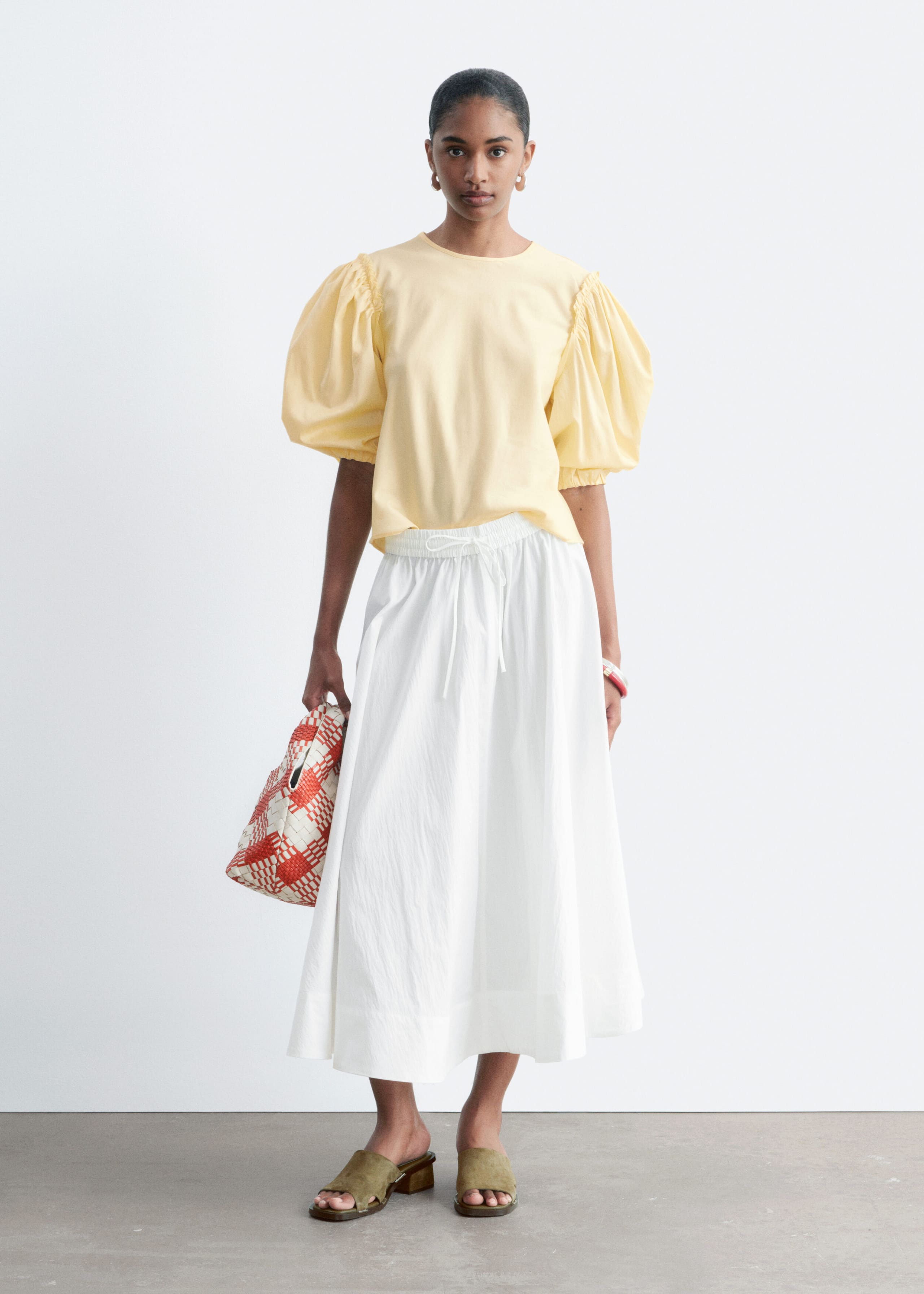 Balloon-Sleeve Jacquard Blouse - Beige/Tartan - Lookbook