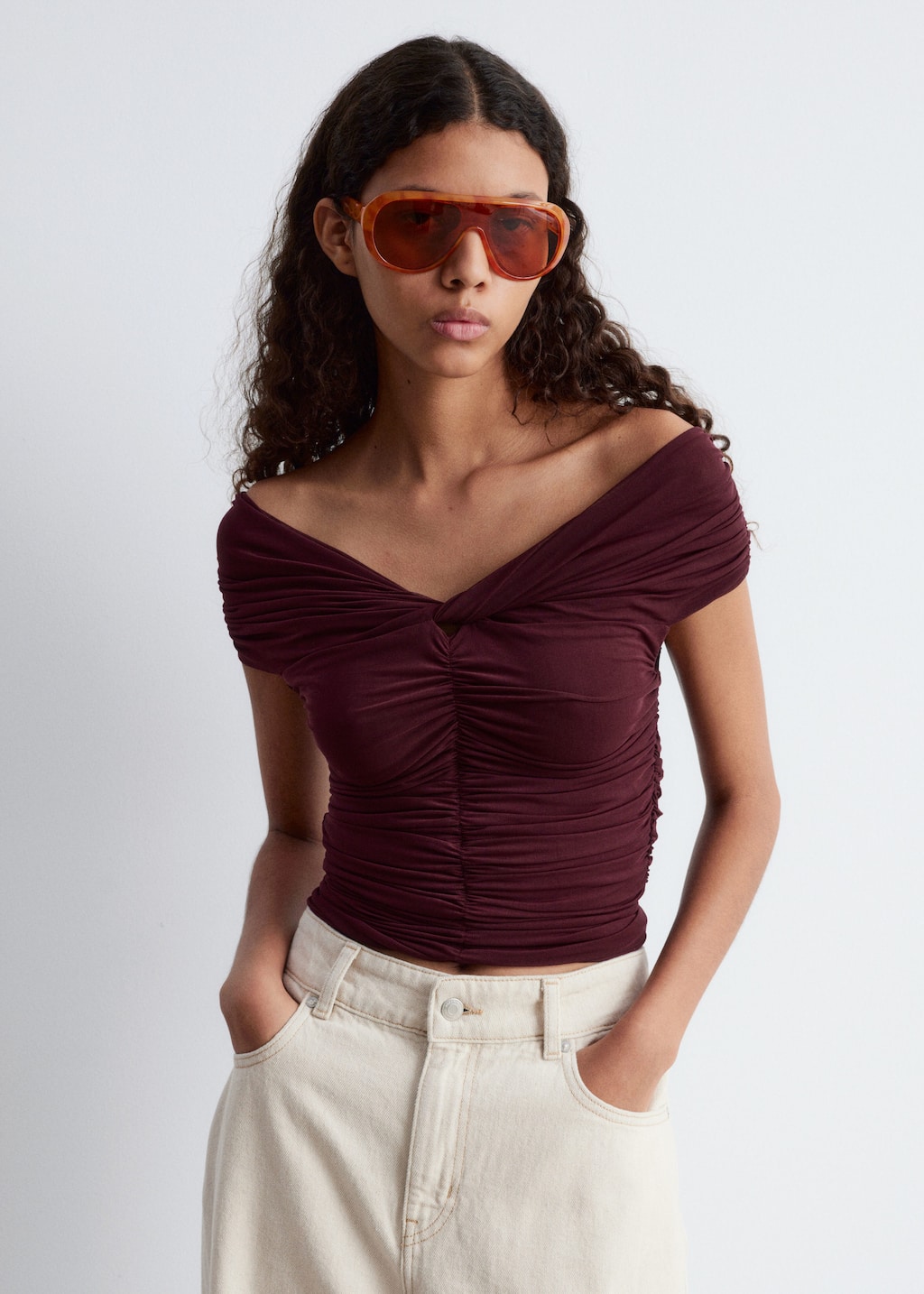 Image of Ruched V-neck Mesh Top