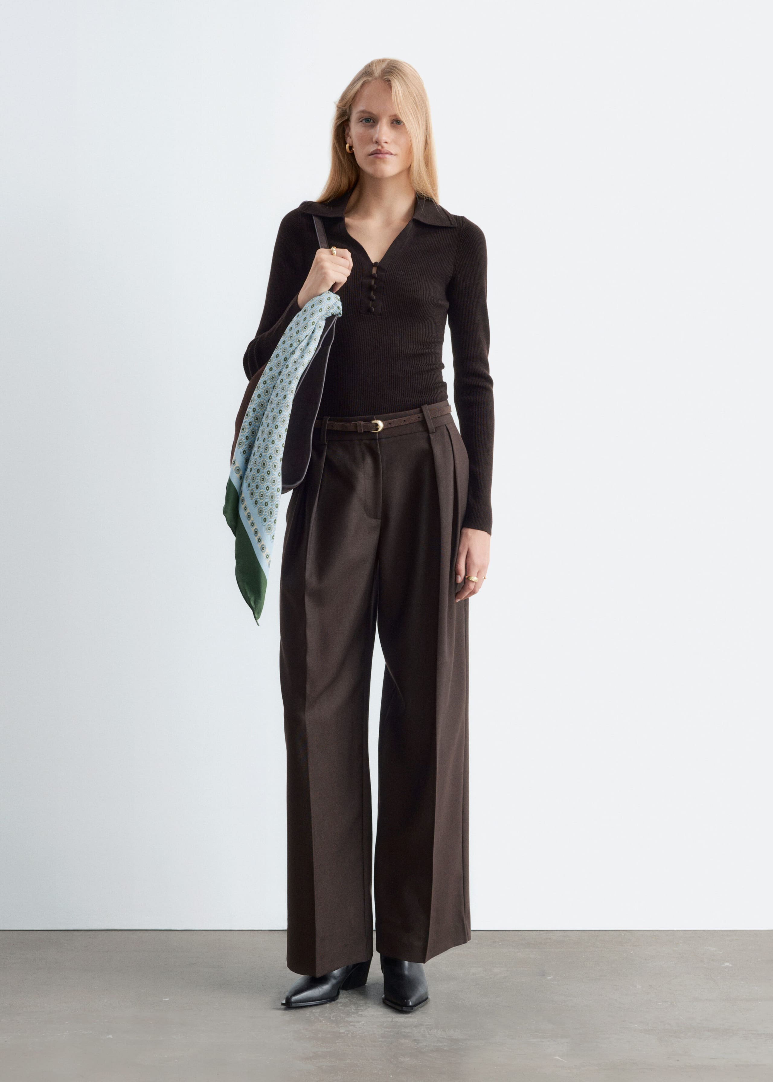 Button-Detail Wool Top - Dark Brown - Lookbook