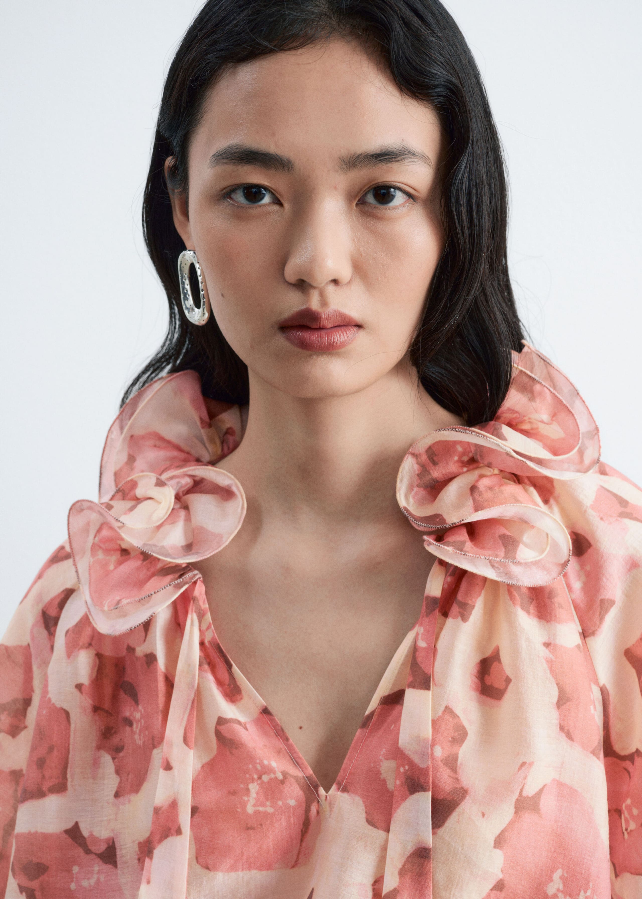 Ruffle Neck Voluminous Blouse - Pink/Florals - Lookbook