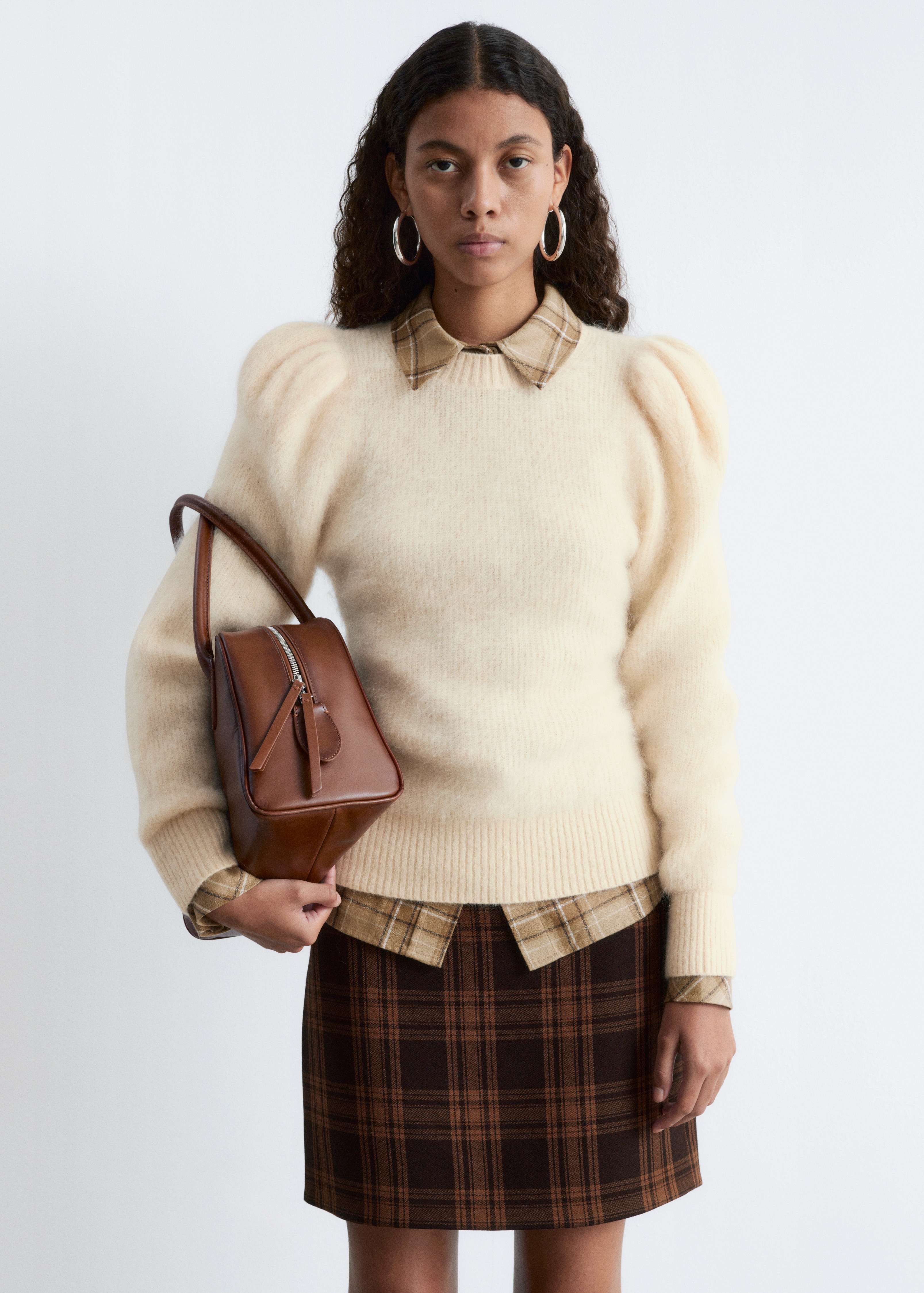 Mohérový svetr s nabíranými rukávy - White/Světle modrá/Hnědá