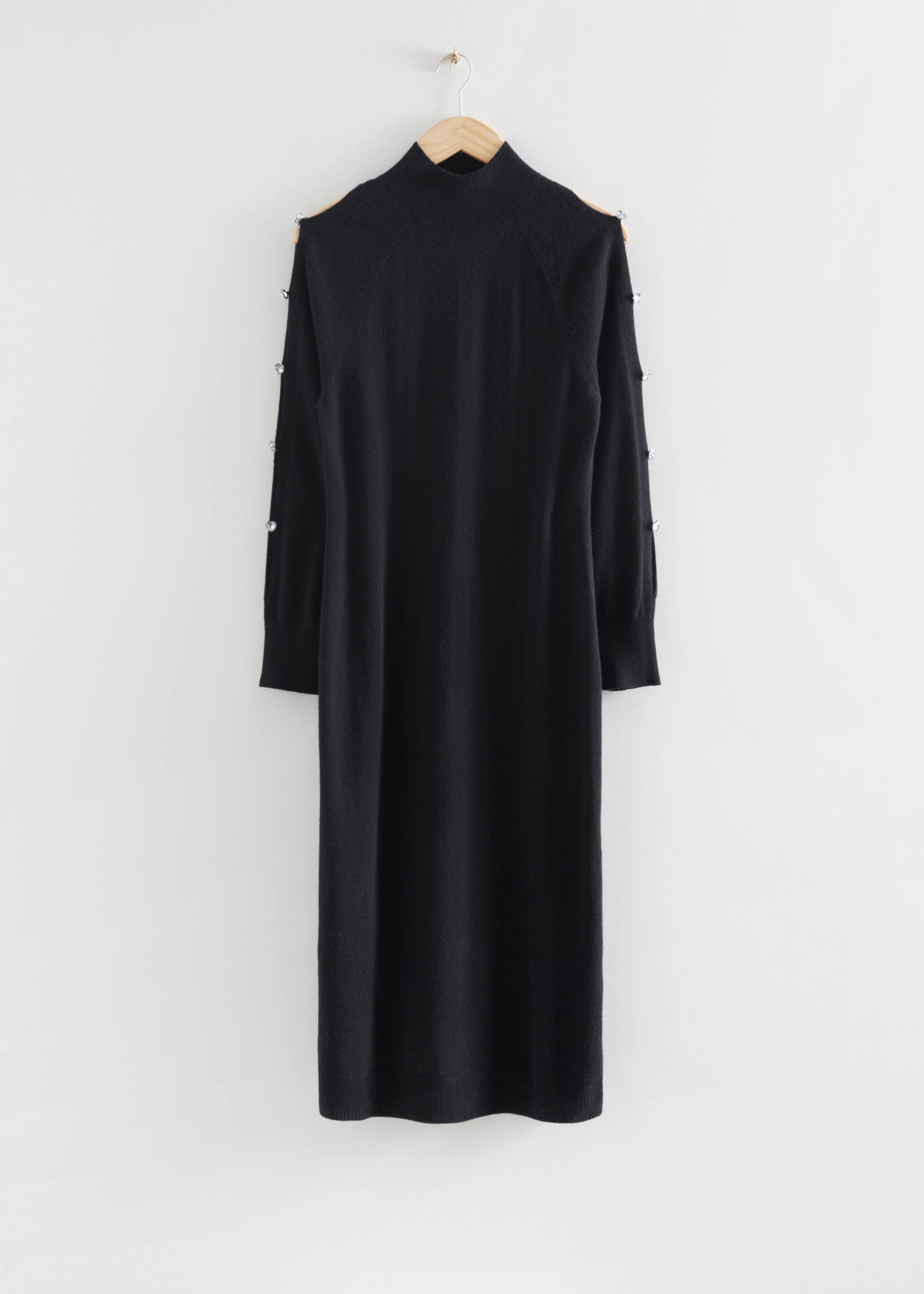 Rhinestone Embellished Wool Knit Dress - Black - Still Life