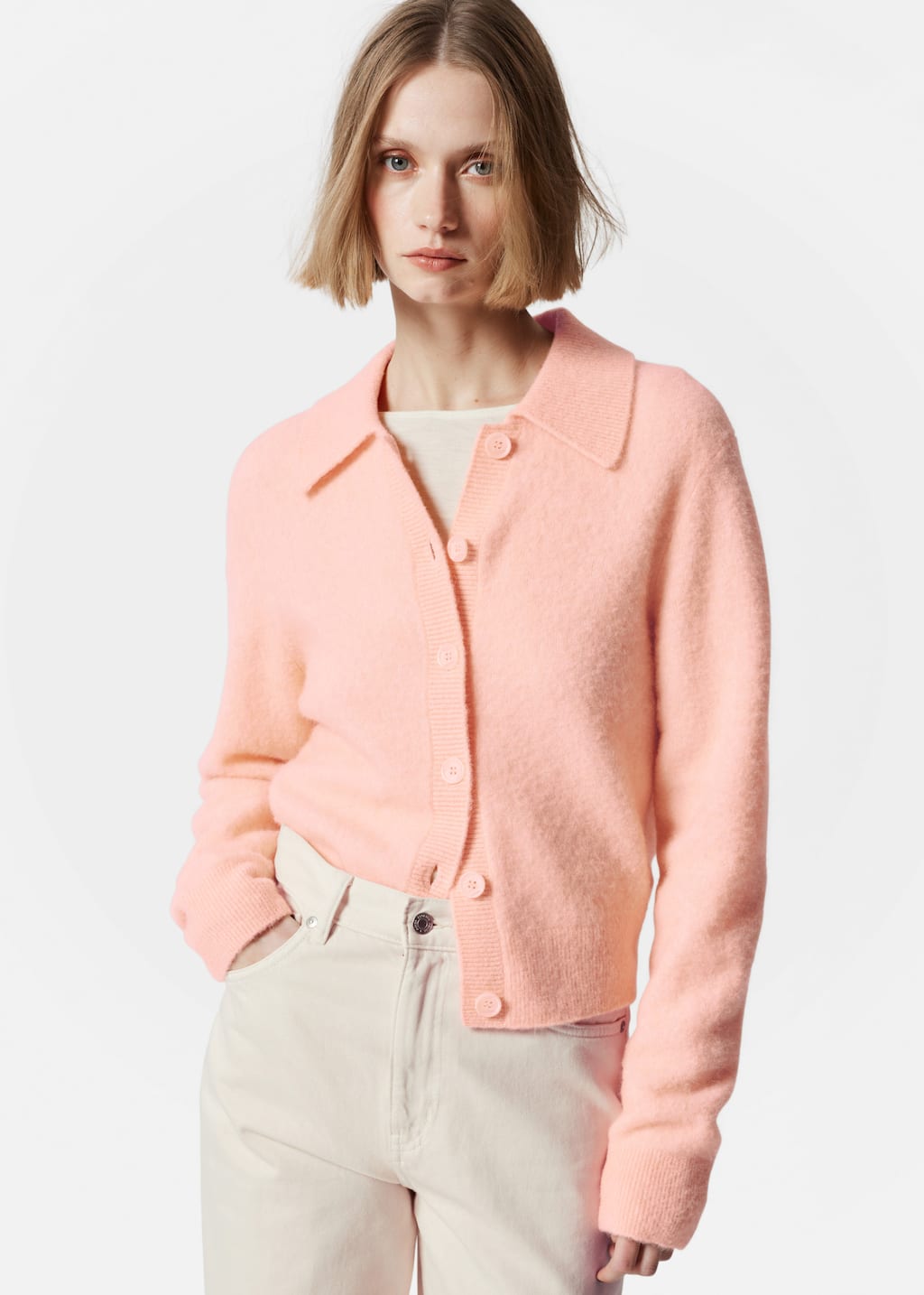 Collared Knit Cardigan - Peach - Lookbook