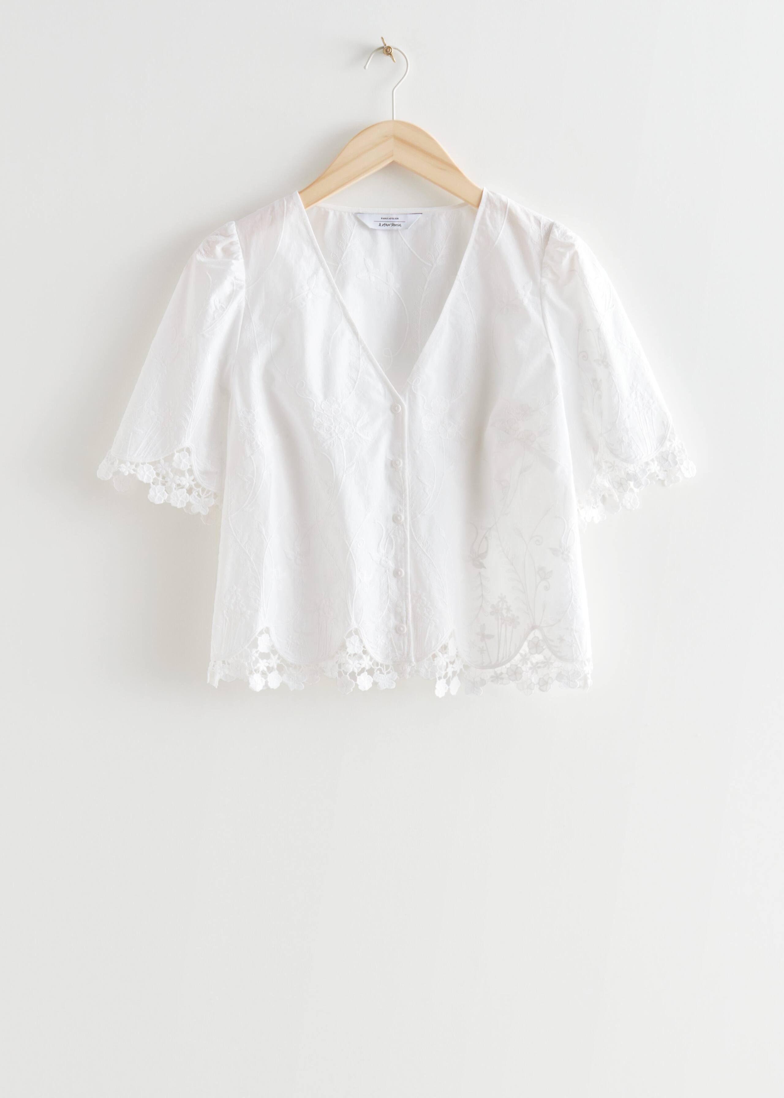 Embroidered LaceTrim Blouse - White - Natura morta