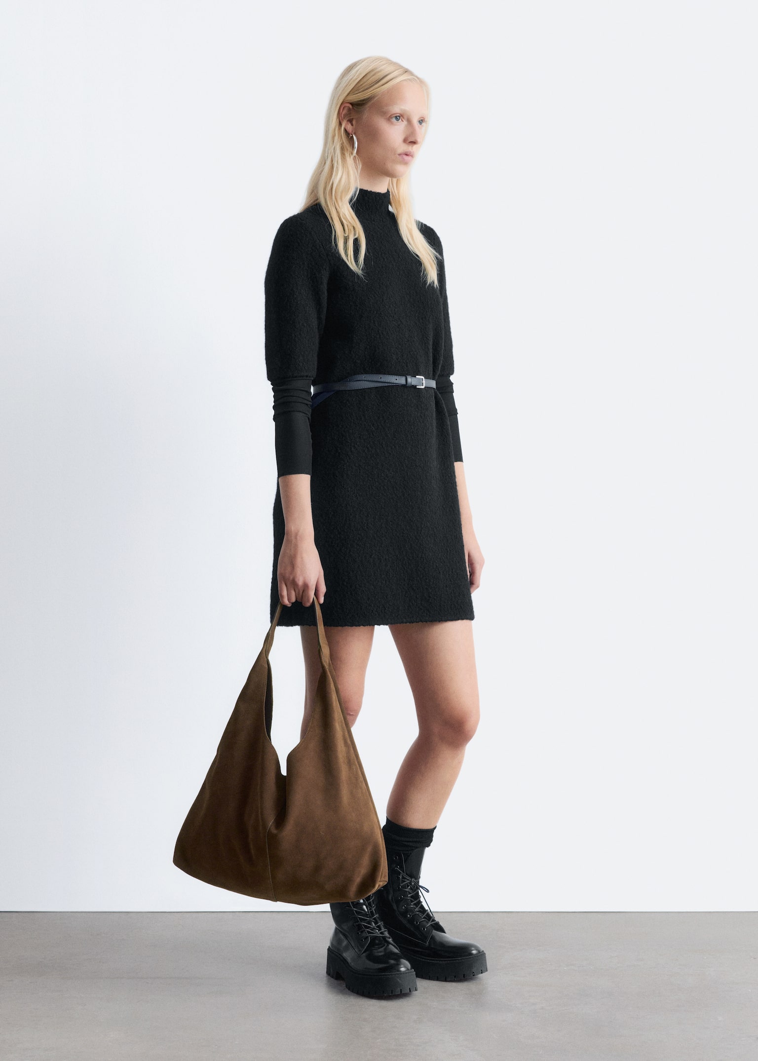Mock-Neck Bouclé Mini Dress - Black