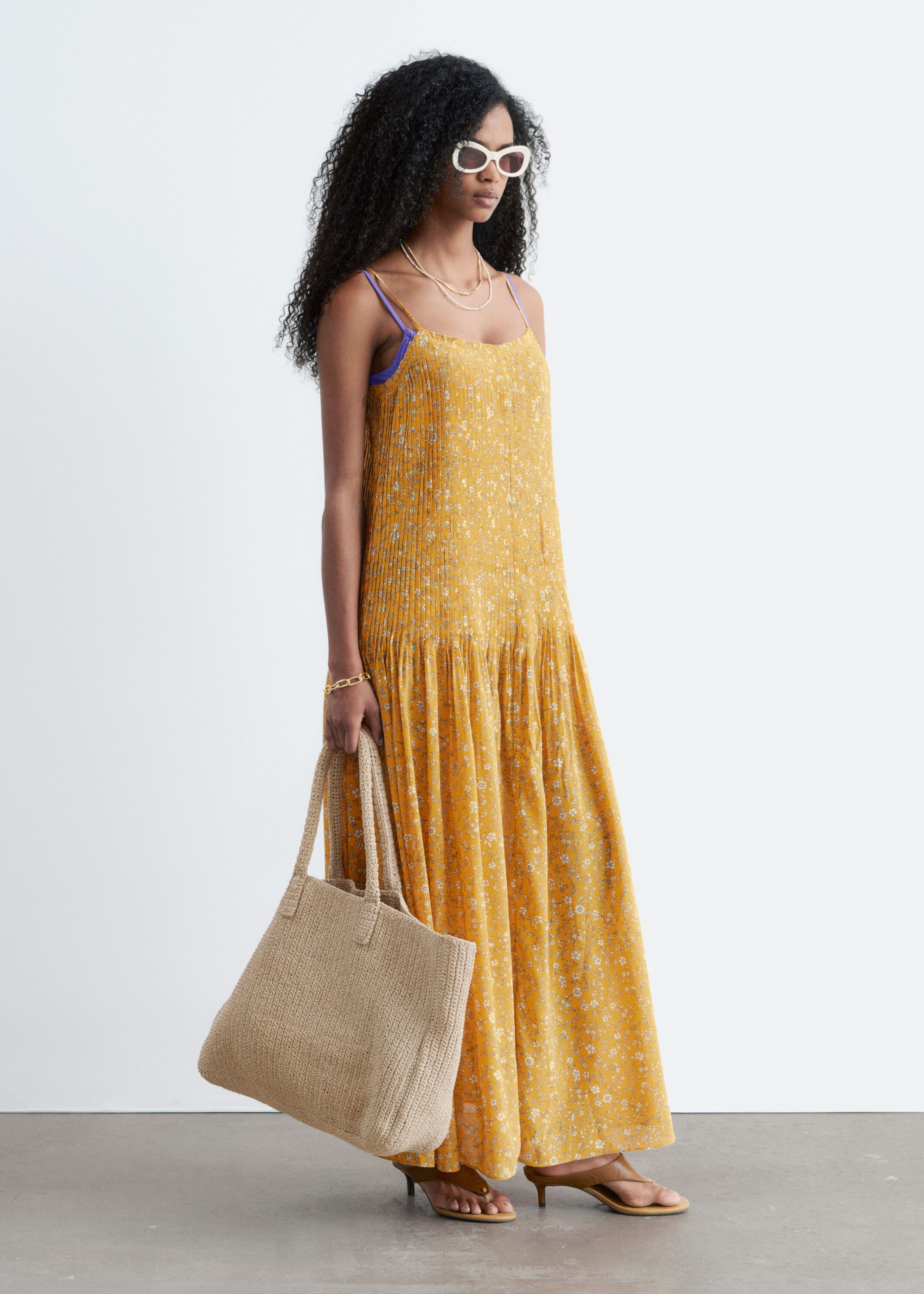 Pleated Bodice Maxi Dress - Warm Yellow/Florals - Lookbook