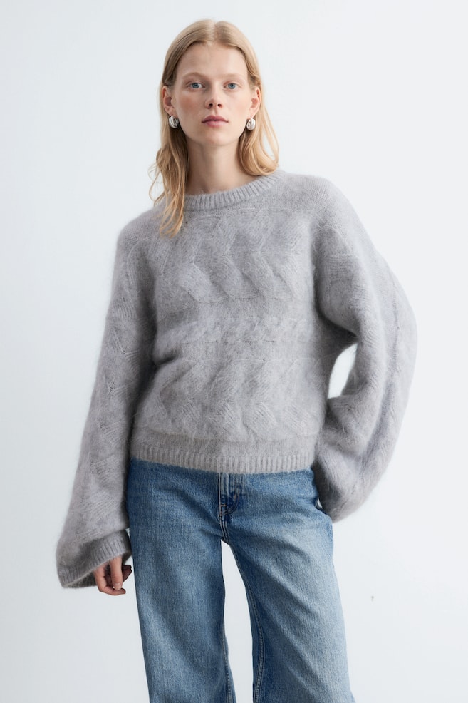 Pull à mailles torsadées de mohair mélangé - Gris/Blanc - 1