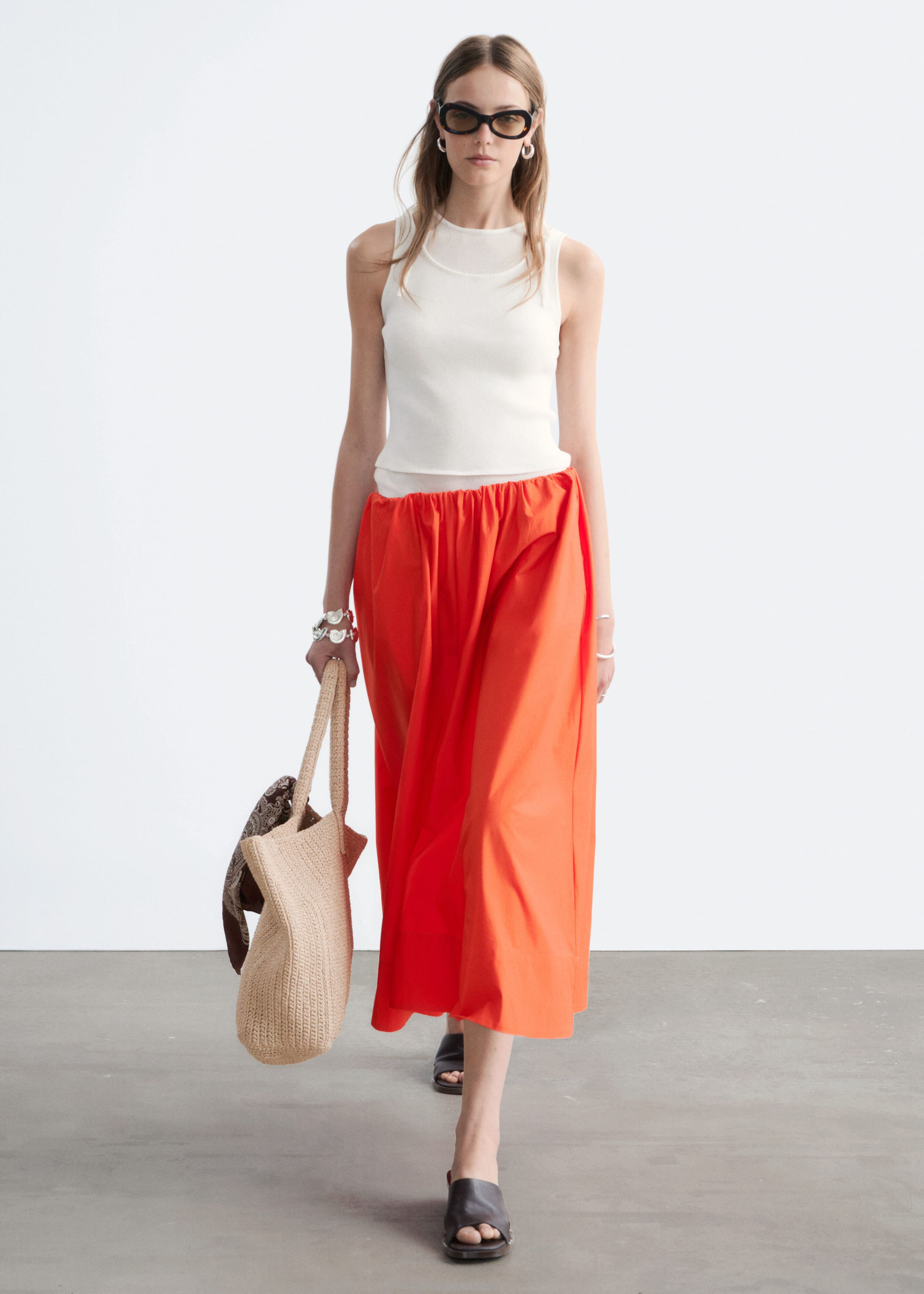 Cotton Midi Skirt - Bright Orange - Lookbook