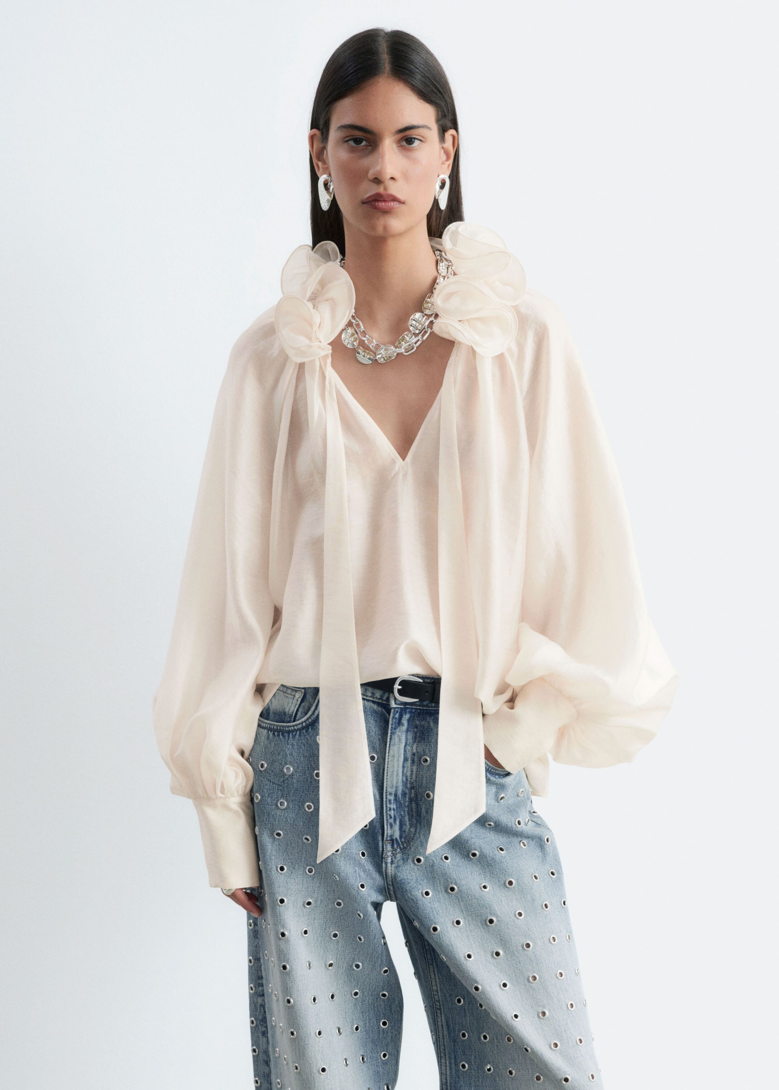 Ruffle Neck Voluminous Blouse - White - Still Life
