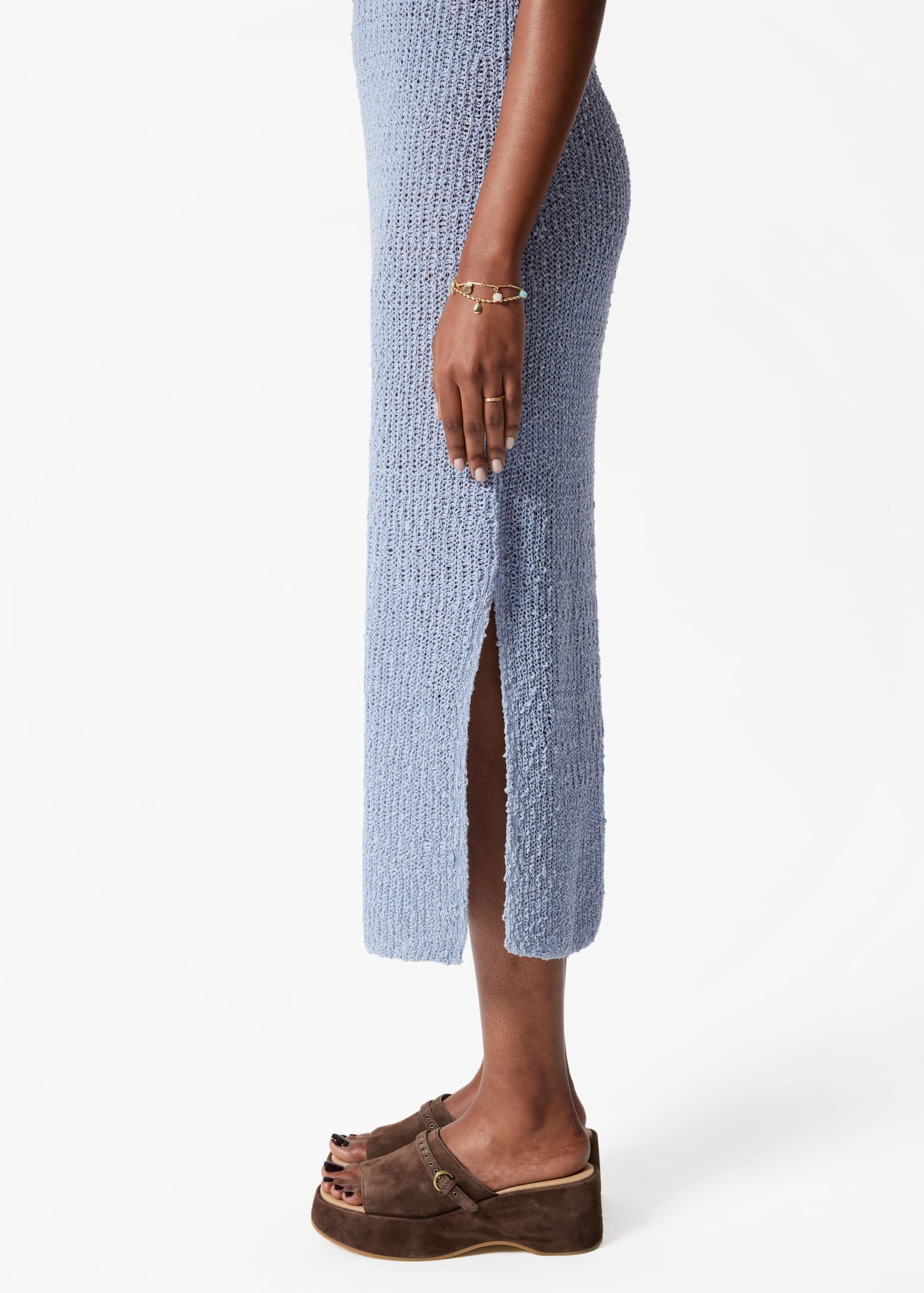 Abito midi in misto seta senza maniche - Blu polvere/Bianco - 4