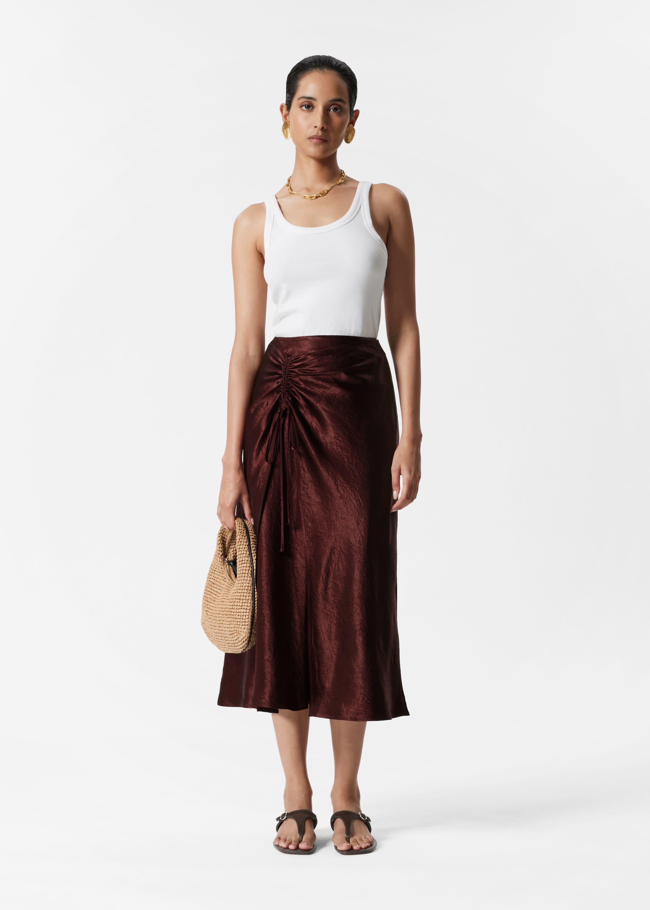 Größeres Bild anzeigen: Midirock aus Satin mit Kordelzug - Dunkelrot - Ladies | H&M AT 1