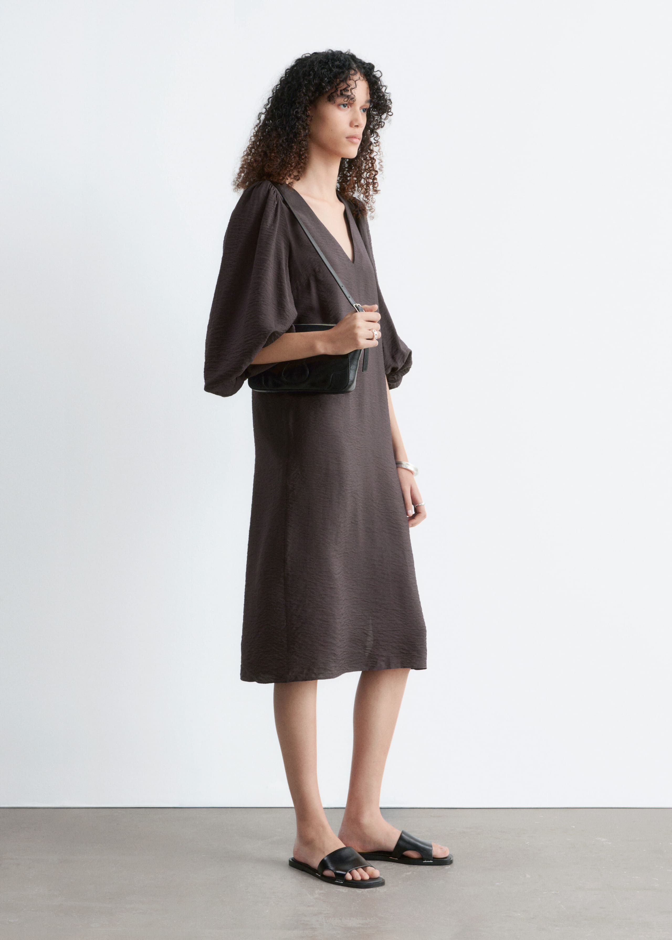 Image of Puff-Sleeve V-Neck Midi Dress