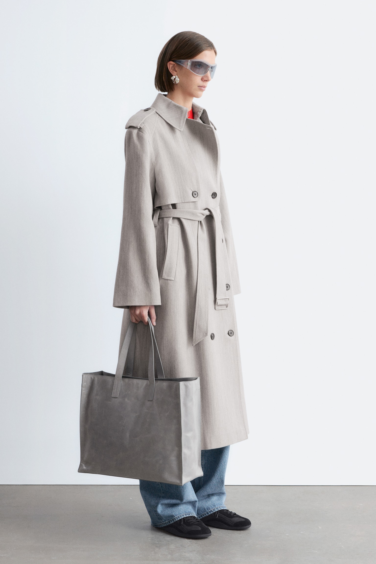 Trench in lana con cintura - Grigio - 10