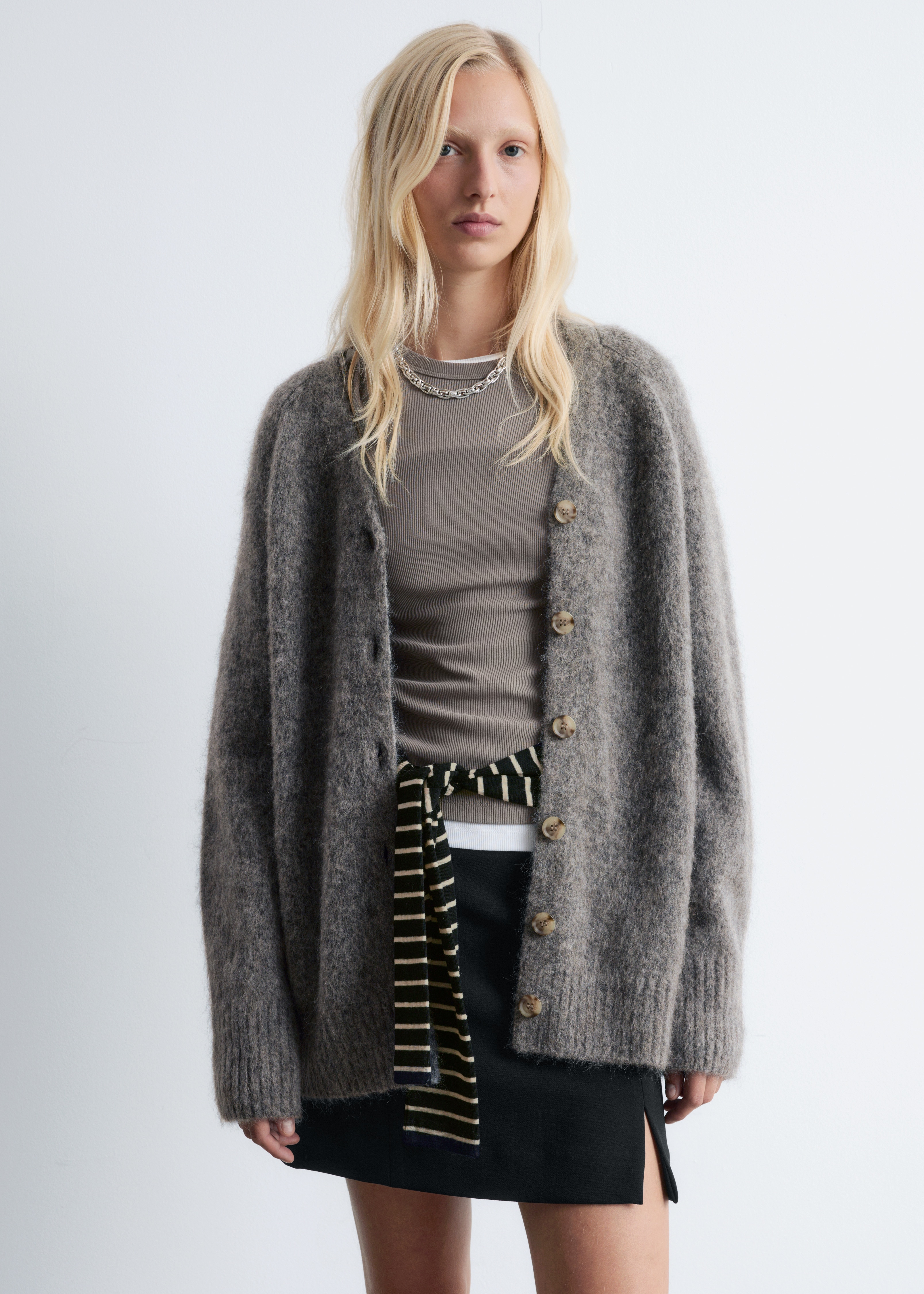 Lang cardigan i mohairblanding - Grå/Beige/Mørkeblå