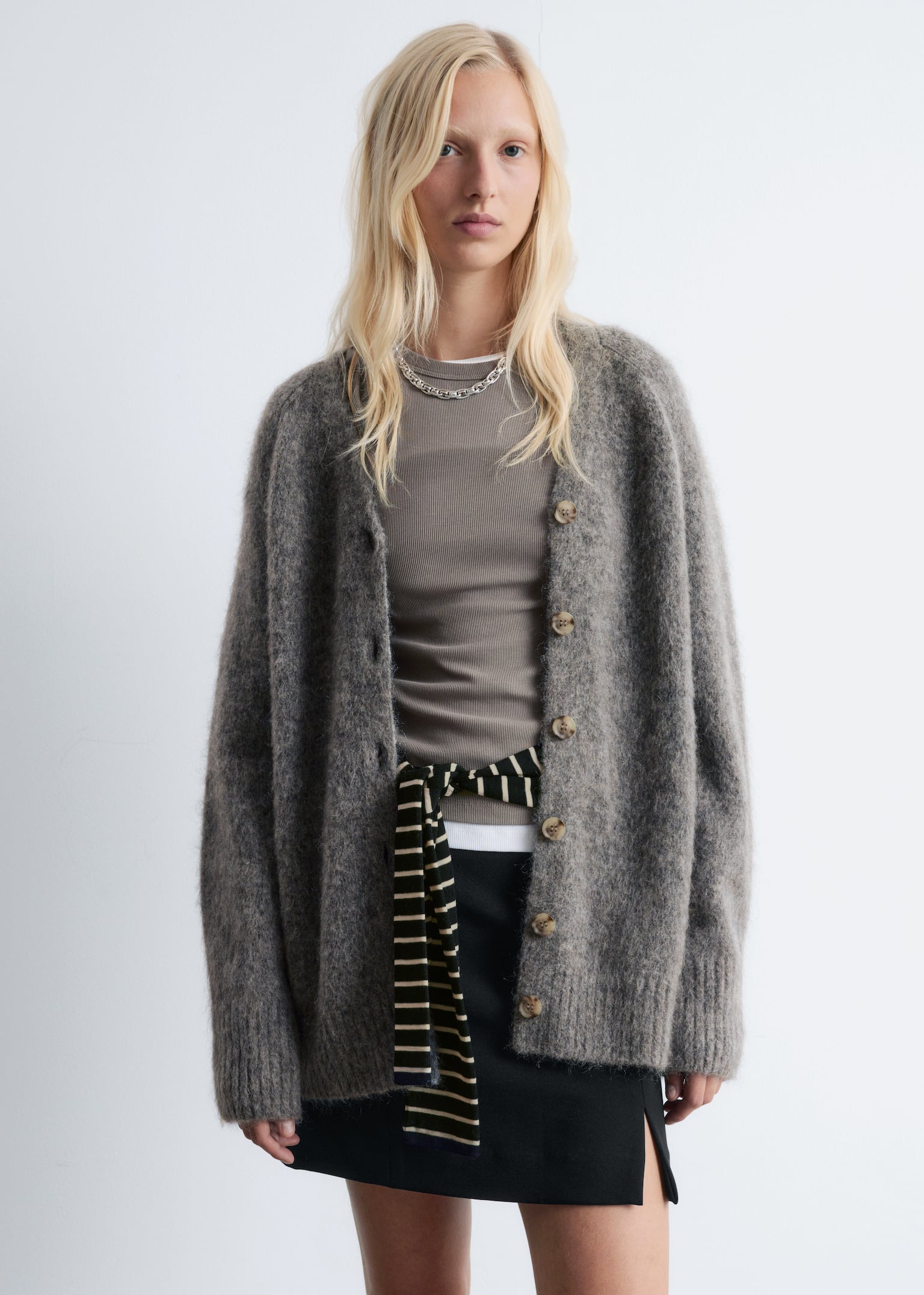 Cardigan lungo in misto mohair - Grigio/Blu scuro/Beige
