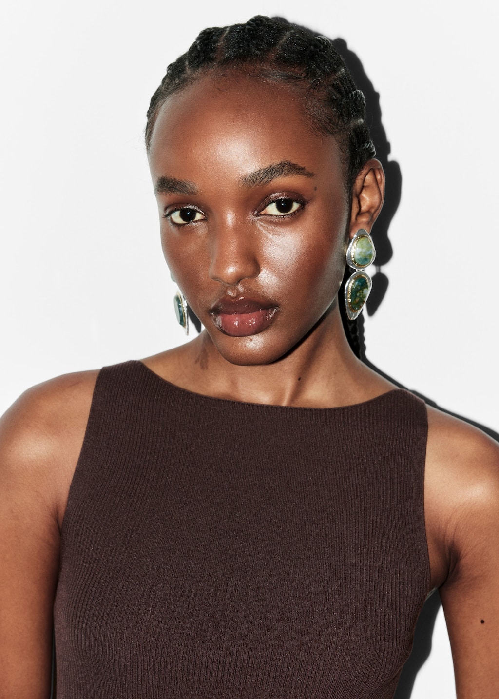 Two-Toned Stone Pendant Earrings - Metal/Green - Lookbook