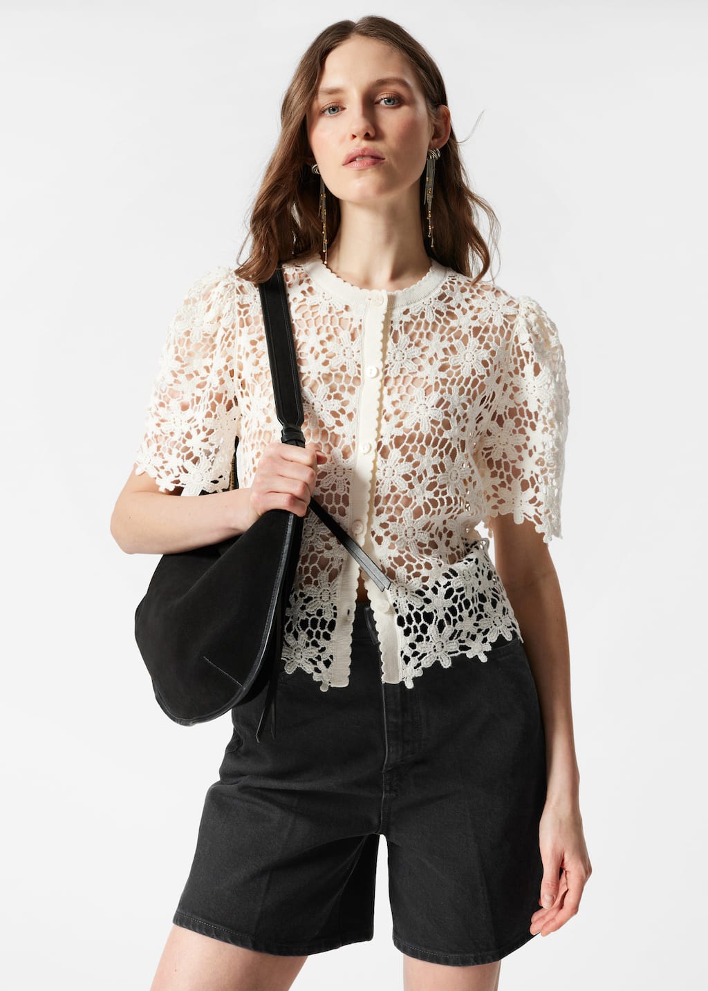 Image of Cardigan en crochet à manches courtes