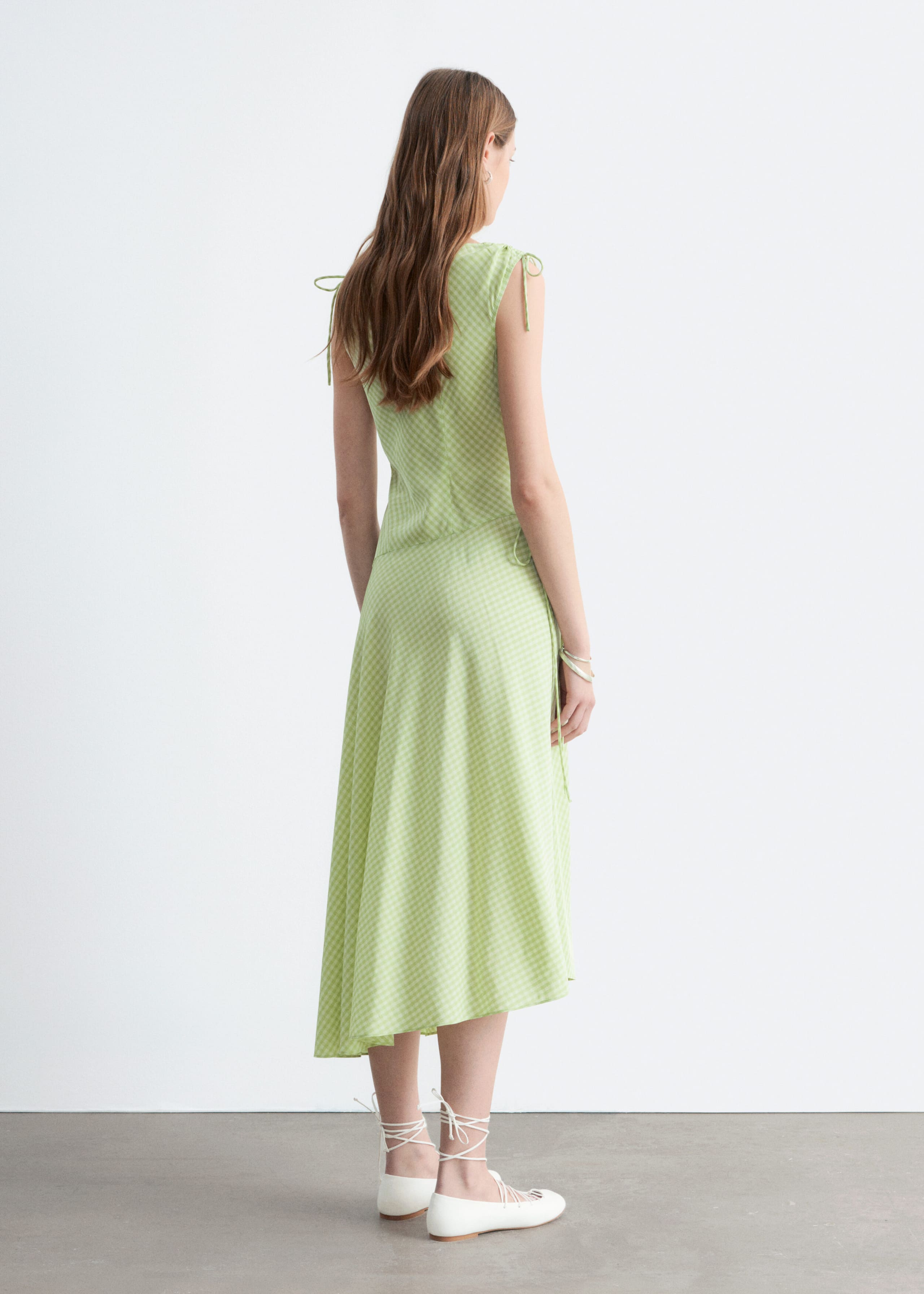 Asymmetric Draped Midi Dress - Light Green/Gingham Checked - Lookbook