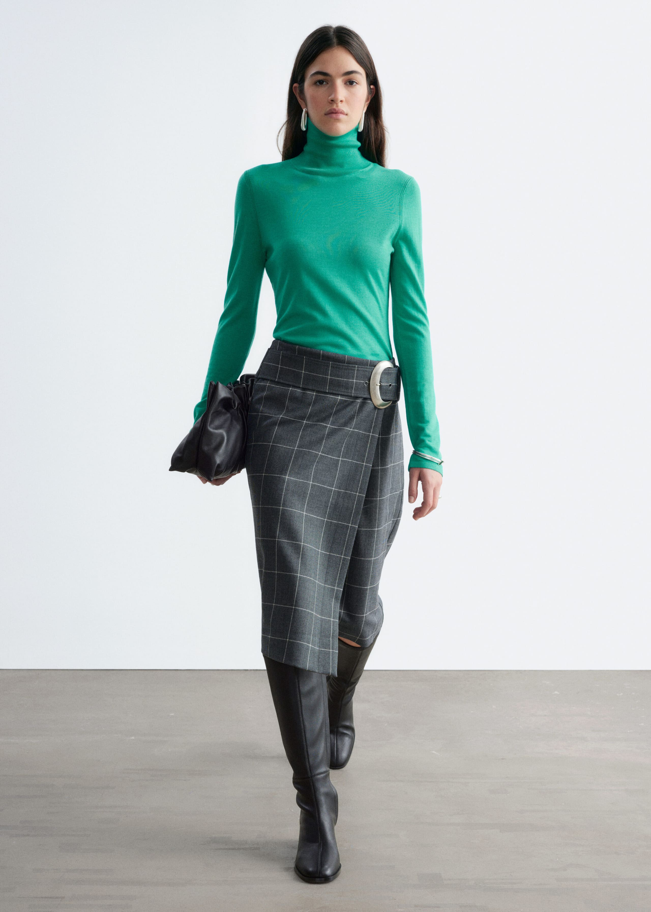 Merino Wool Polo Neck Top - Dark Brown - Lookbook