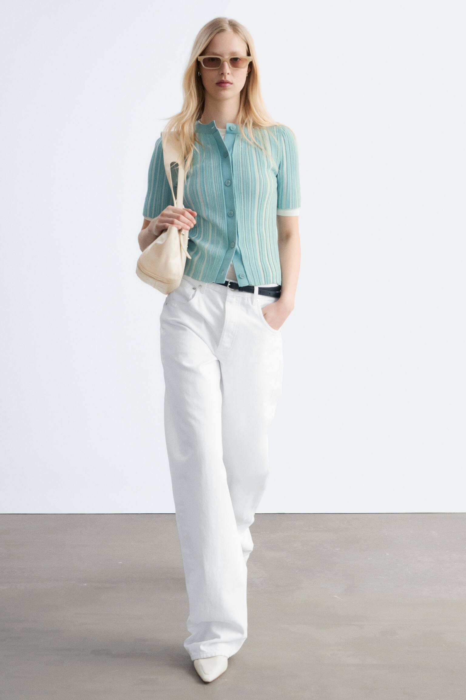 Dzianinowy kardigan w prążki z krótkim rękawem - Turquoise/Żółtozielony - 4