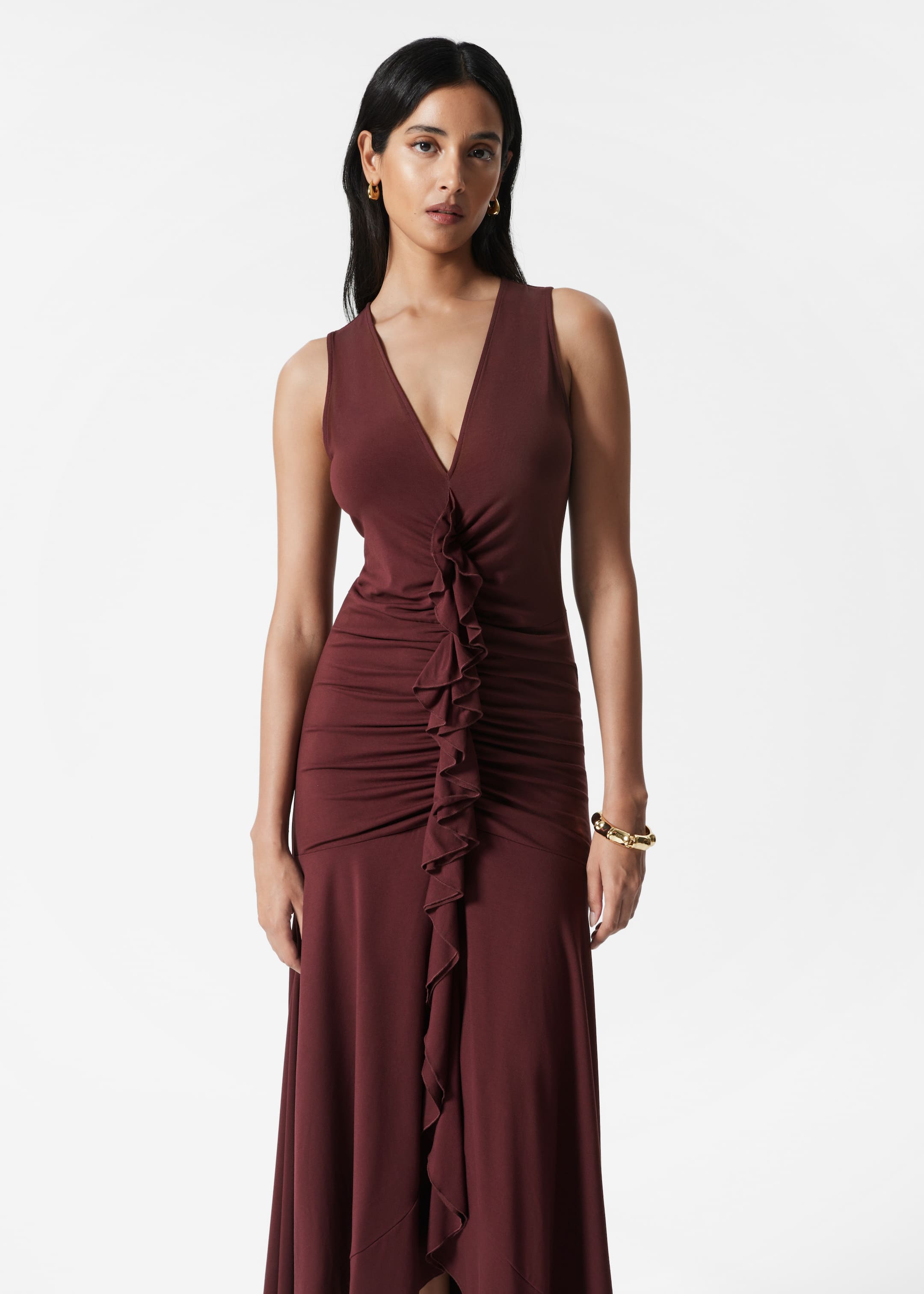 Agrandir l'image: Robe longue à volants et col en V - Rouge foncé - FEMME | H&M FR 3