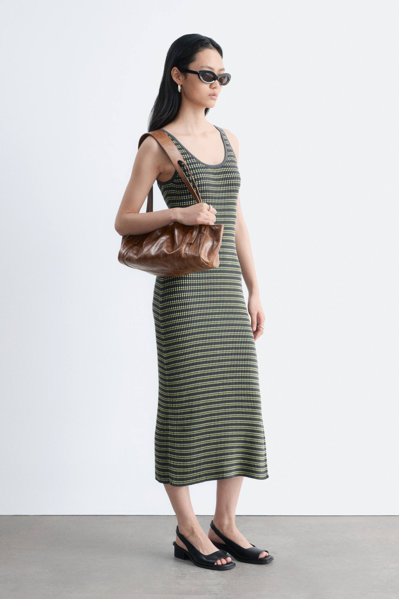 Striped Rib-Knit Midi Dress - Dark Grey/Yellow - 4