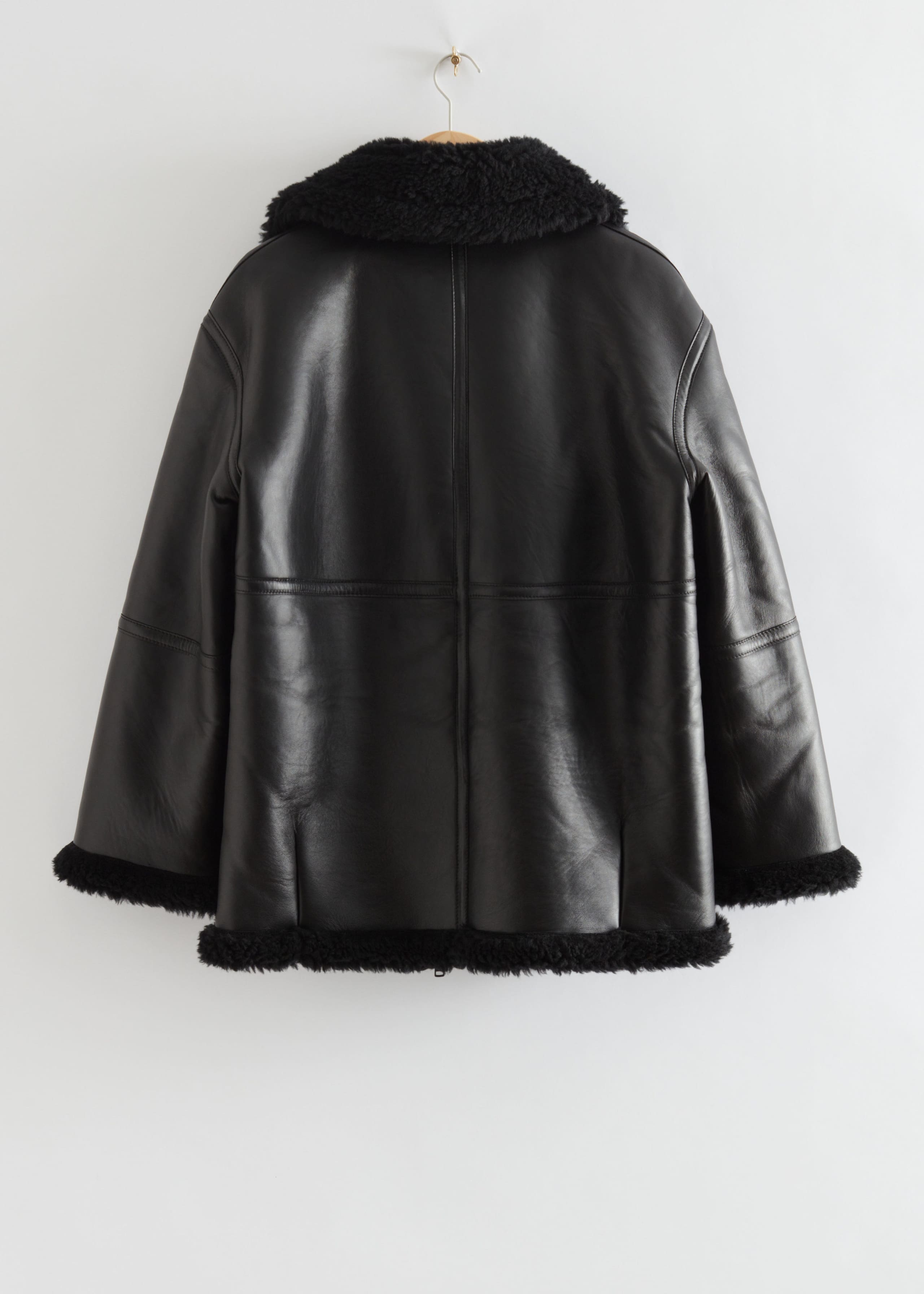 Oversized Leather Shearling Jacket - Black - Still Life