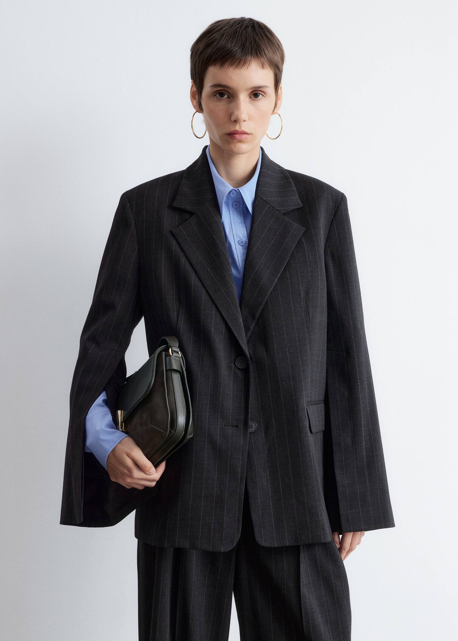 Jednorzędowa wełniana marynarka - Ciemnoszary/Paski/Ciemnozielony - 6